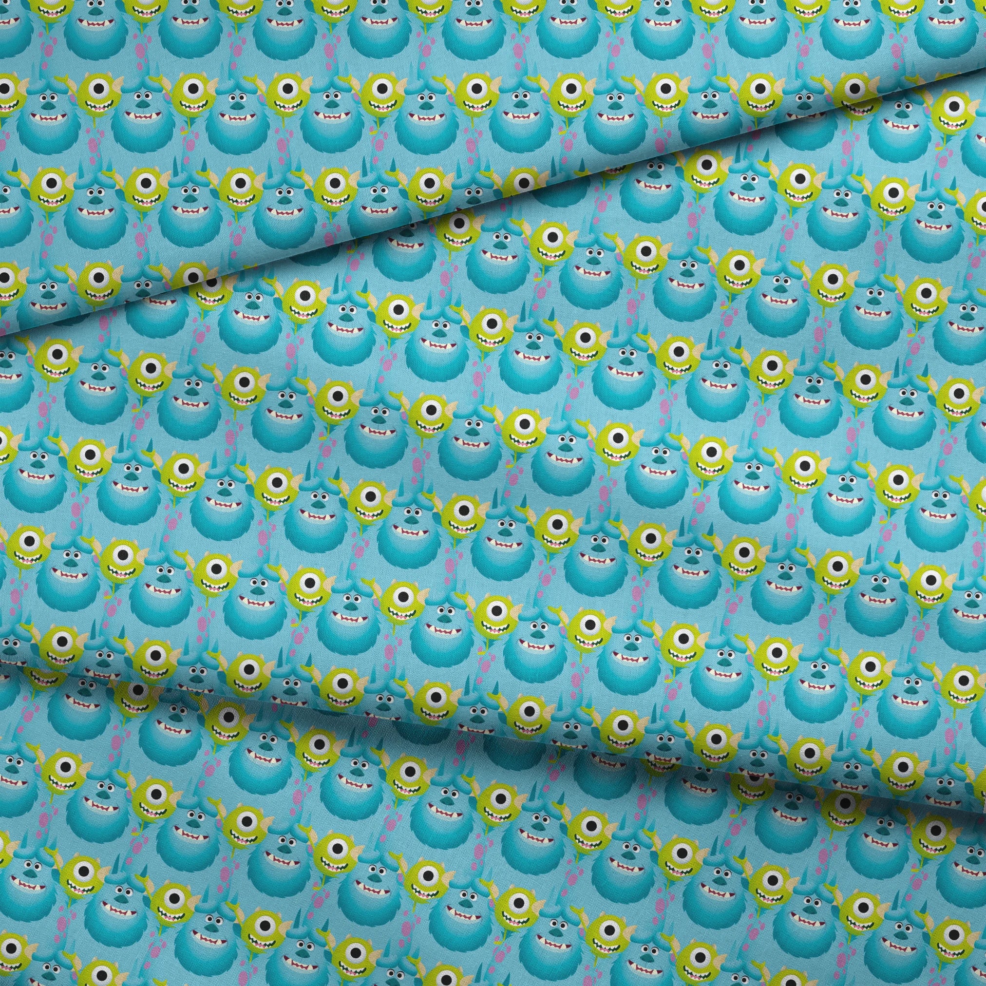Repeating pattern of Monsters Inc characteres - Mike & Sulley on light blue background. fabric fold mockup