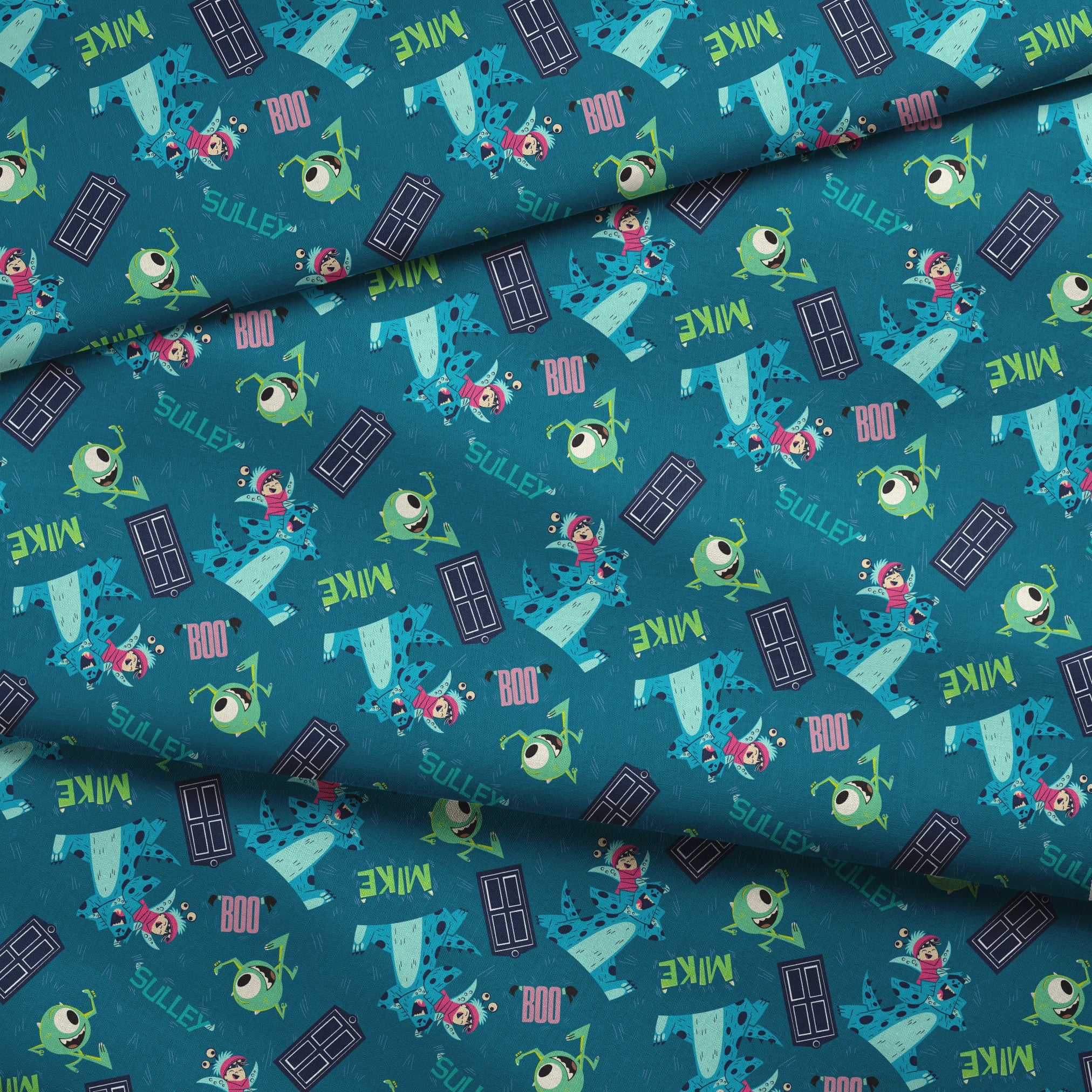 Monsters Inc pattern with Mike, Sulley, Boo characters, and doors on teal background fabric fold mockup
