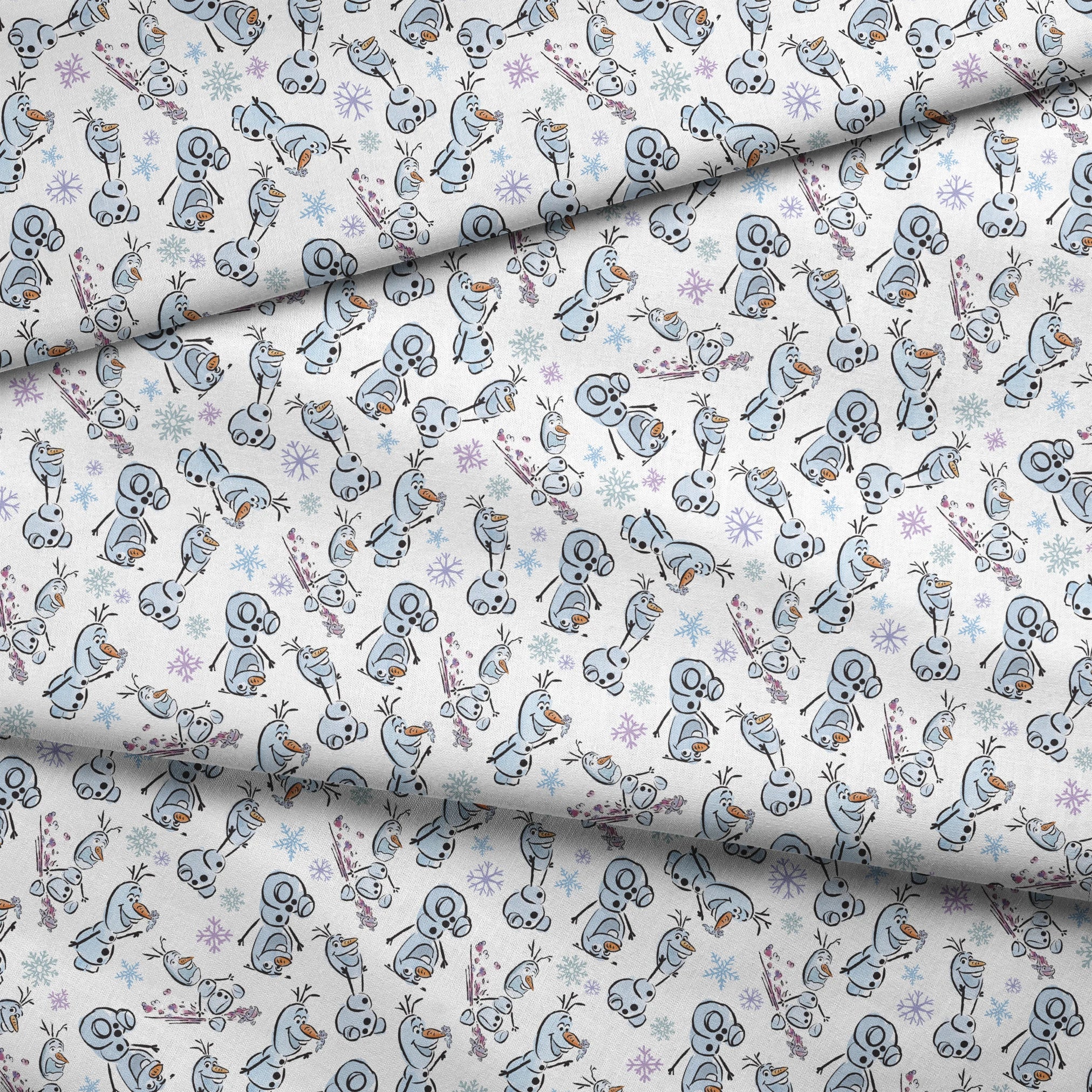 Disney Frozen Olaf with different happy expressions scattered on light blue background with snowflakes fabric fold mockup