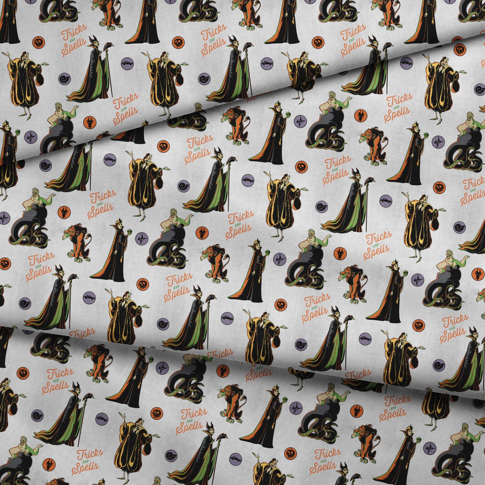 Halloween pattern with Disney villains, spells text, and magical symbols on light background fabric fold mockup