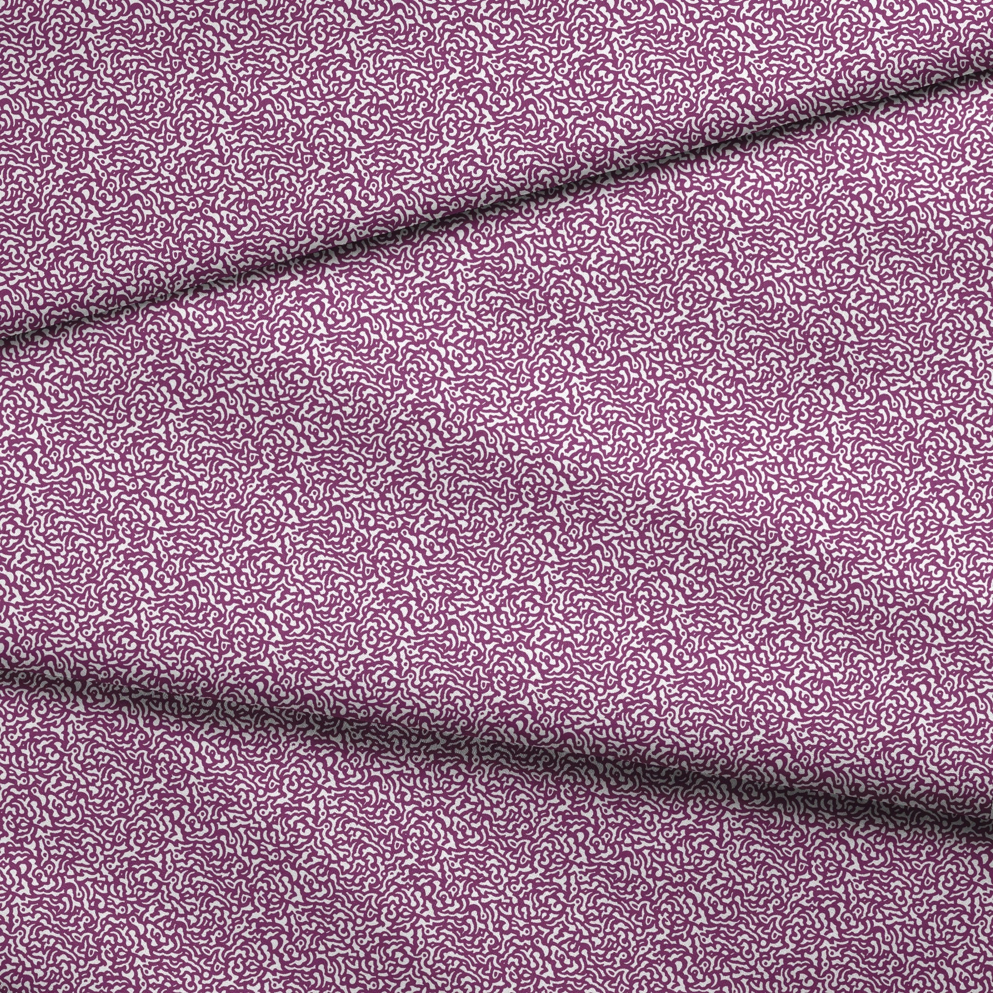 Purple squiggly maze-like pattern on white background with organic swirling lines fabric fold mockup