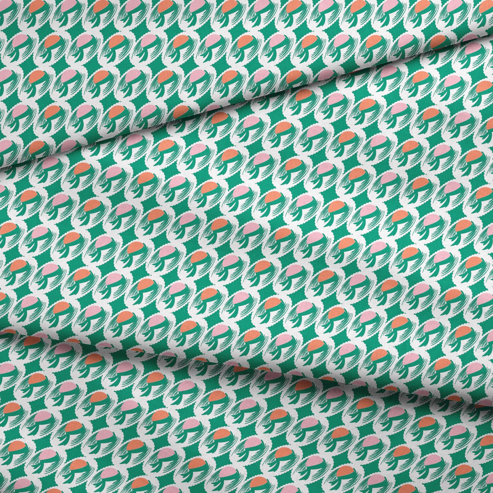 Abstract pattern with pink and orange oval shapes on green brushstroke backgrounds fabric fold mockup