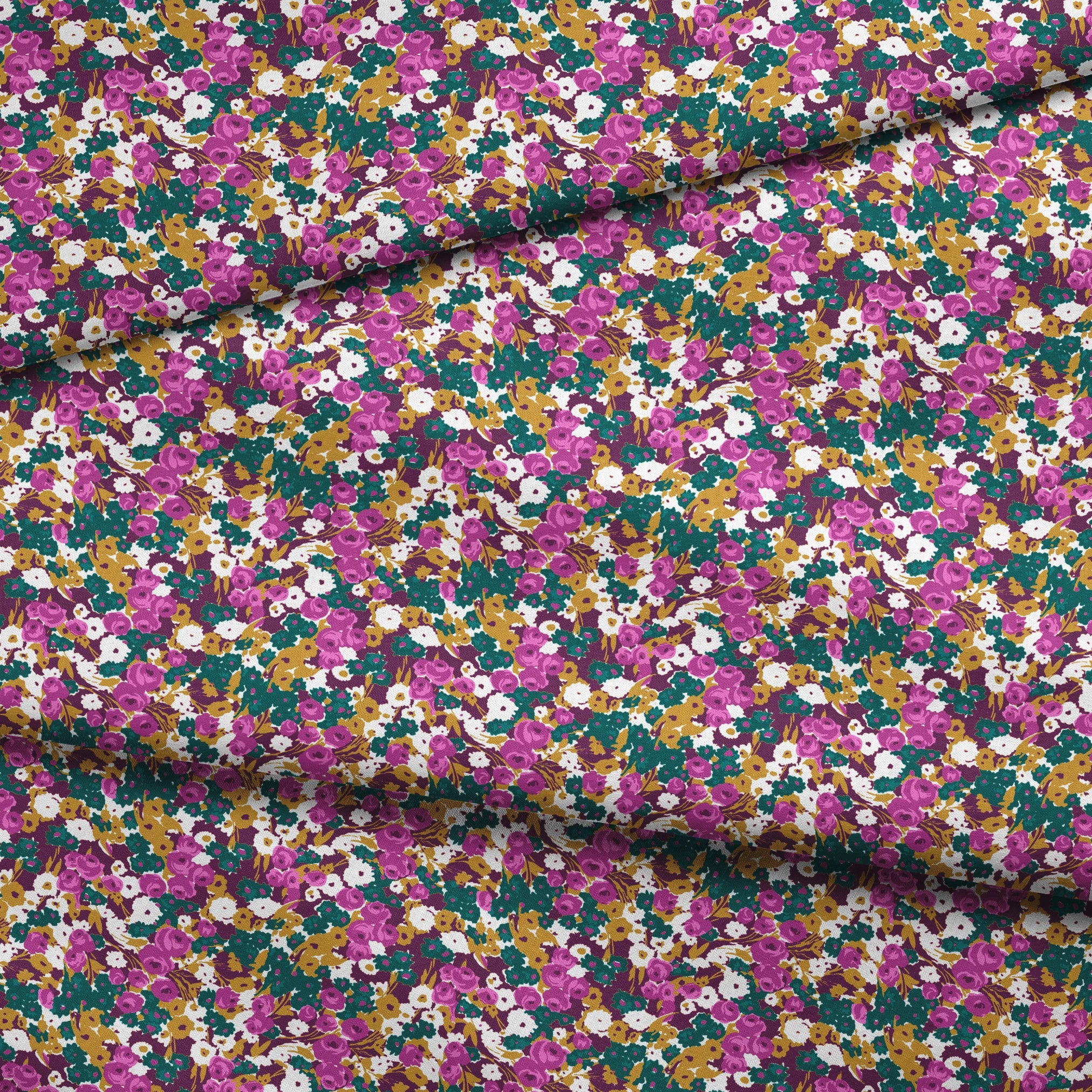 Vibrant floral pattern with purple, white, and gold flowers on teal background fabric fold mockup