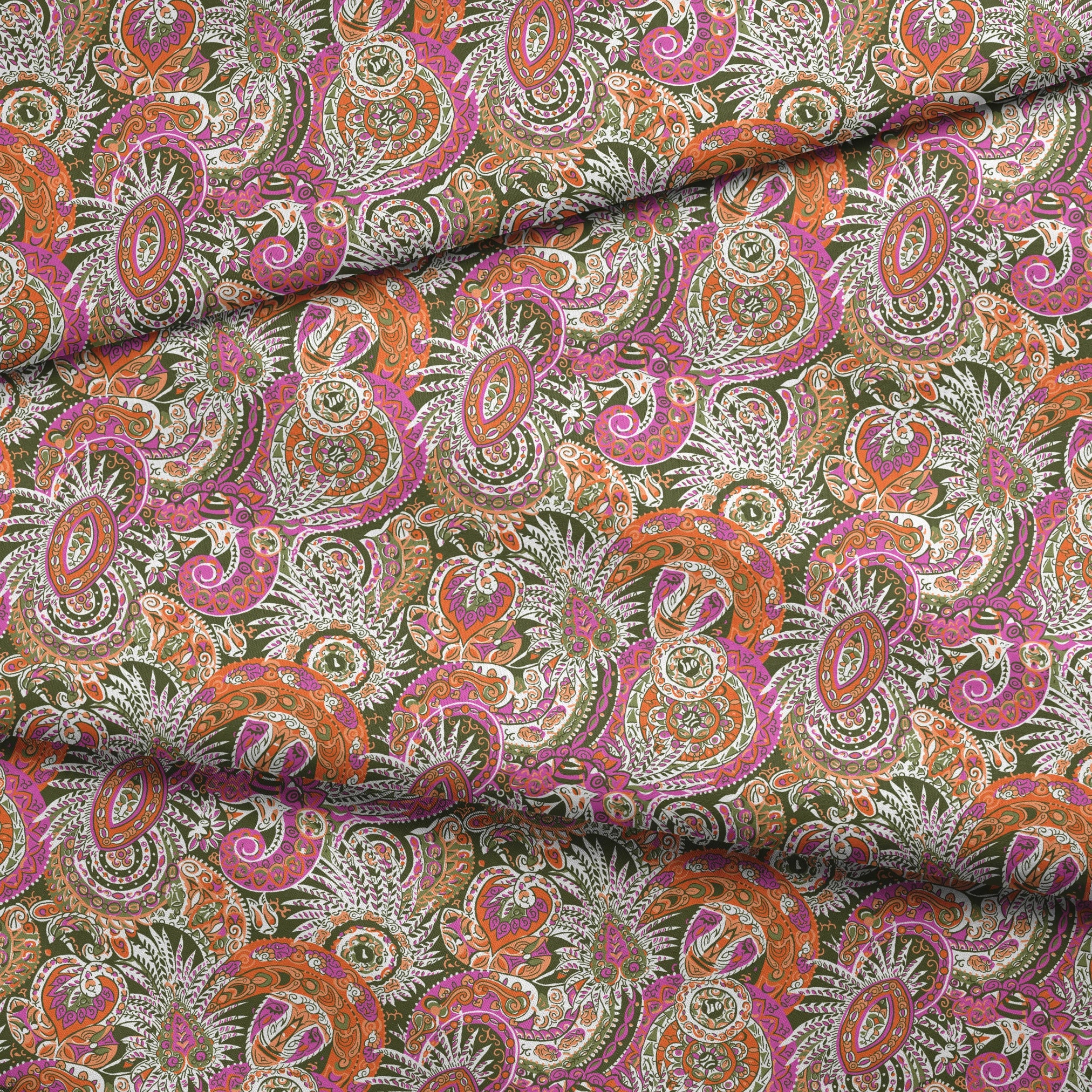 Vibrant paisley pattern with swirling designs in pink, orange, yellow and white on textured background fabric fold mockup