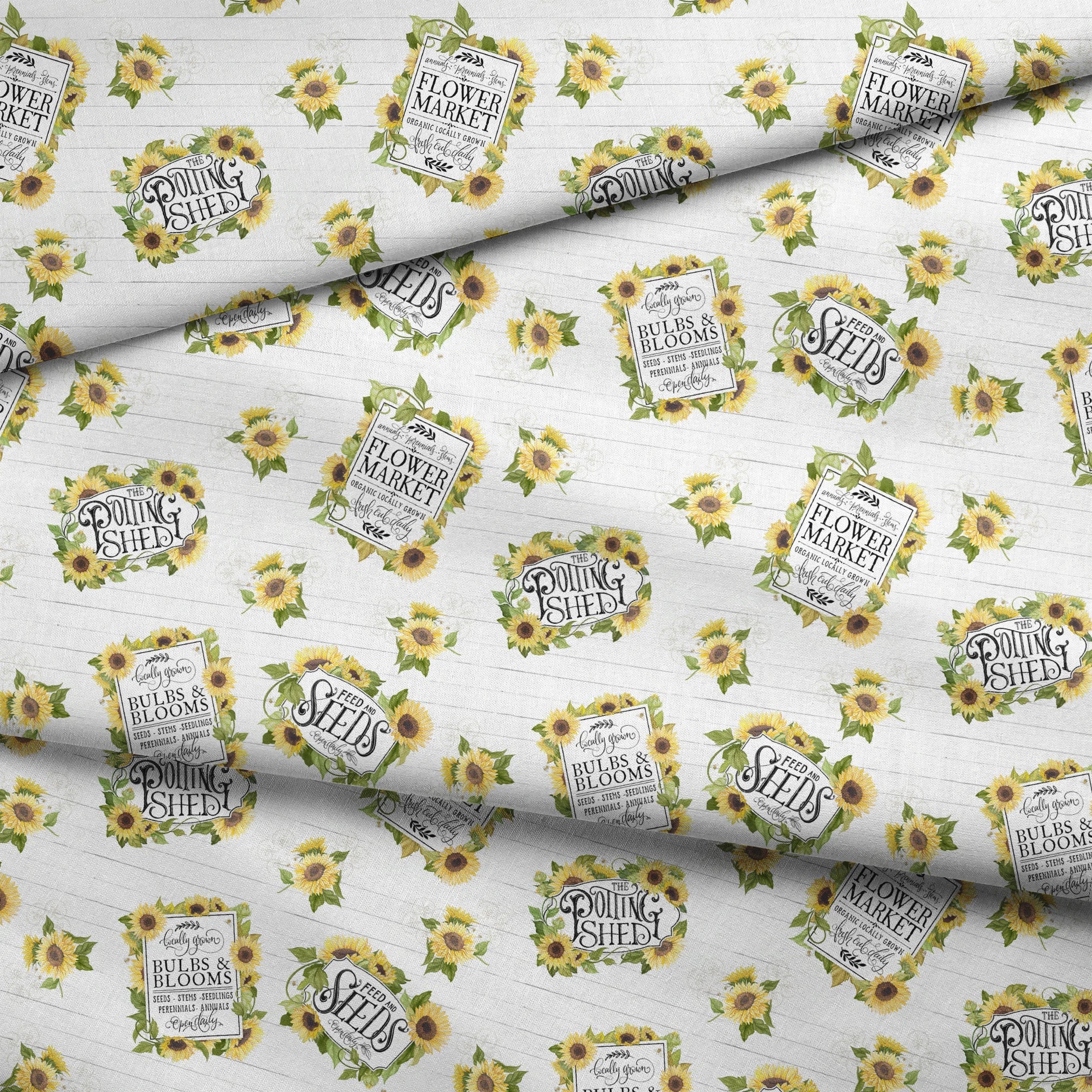 Watercolor sunflower clusters with vintage-style gardening labels on a white shiplap background, designed by Nicole Tamarin. fabric fold mockup