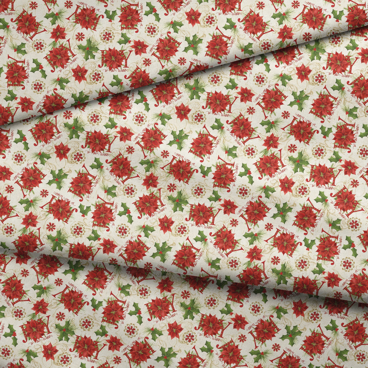 Red poinsettias, holly leaves, pine sprigs, and peppermint candy motifs with scattered “Joy” text in a festive holiday toss design by Nicole Tamarin. fabric fold mockup