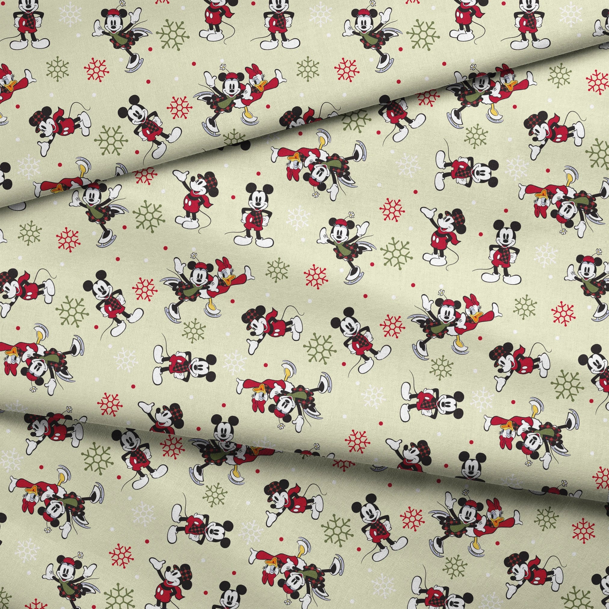 Holiday-themed cartoon mouse pattern with classic characters in red outfits on beige background with snowflakes. fabric fold mockup
