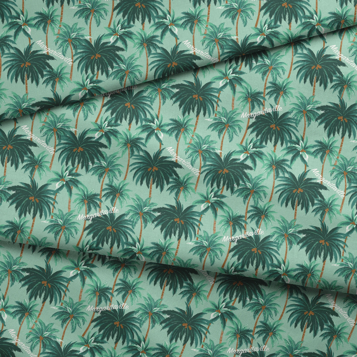 Margaritaville palm tree pattern on mint green background, tropical design with repeated dark green palms