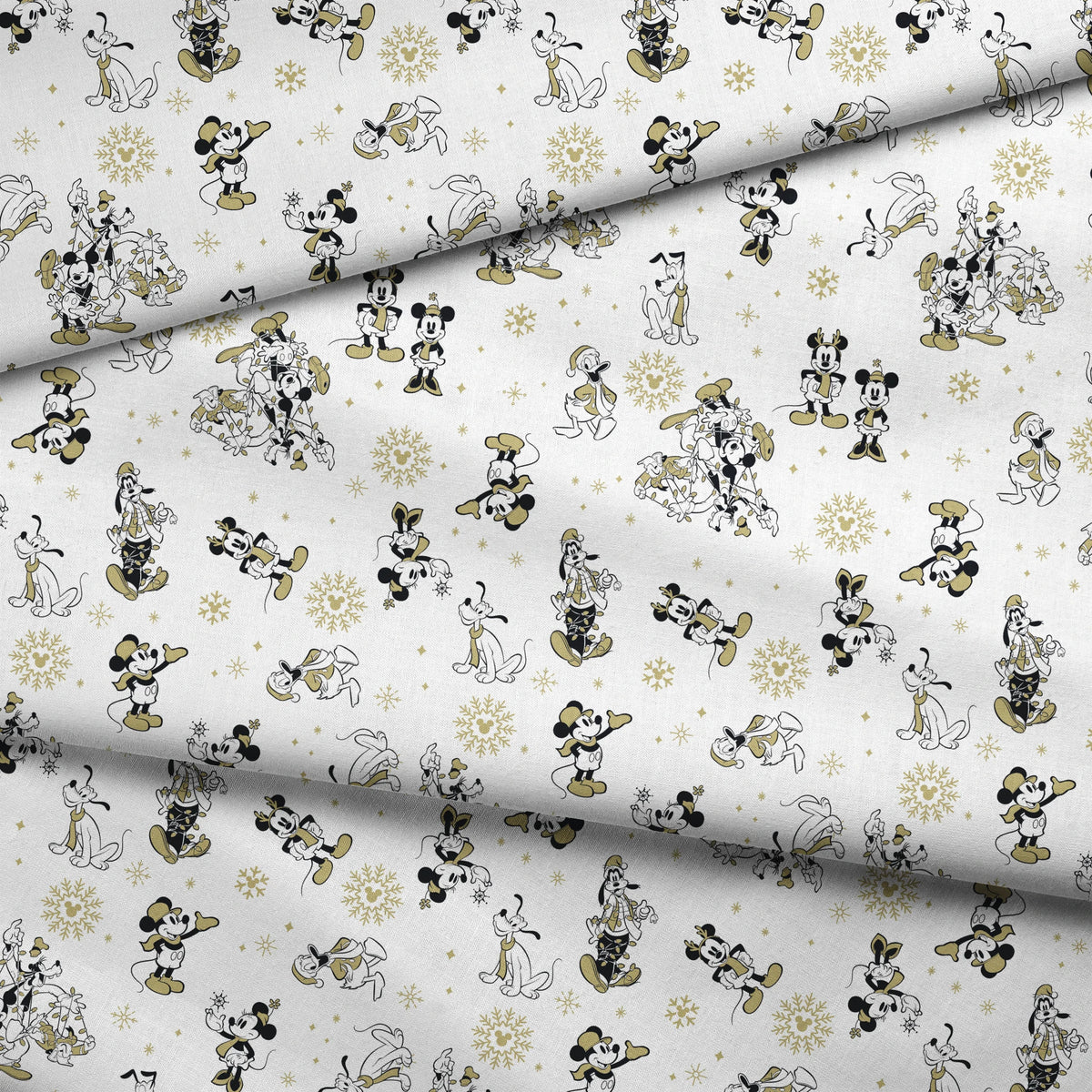 Vintage Disney characters pattern with Mickey, Minnie and Pluto on white background with gold snowflakes fabric fold mockup