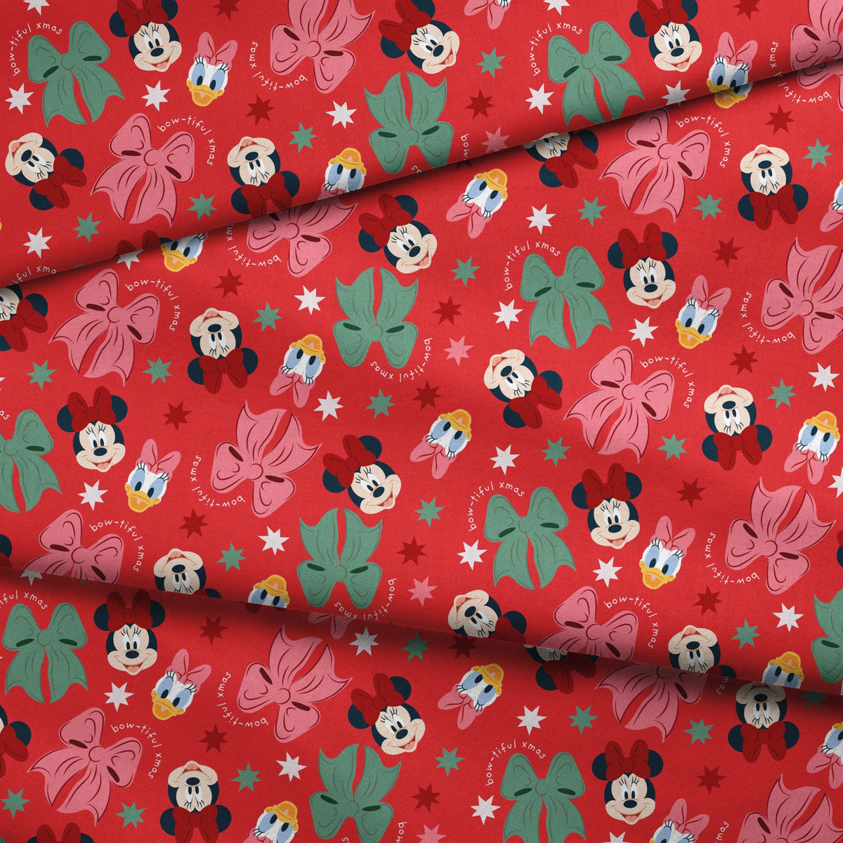 Disney character pattern with Minnie Mouse, Mickey Mouse and Donald Duck on red background with bows and stars fabric fold mockup