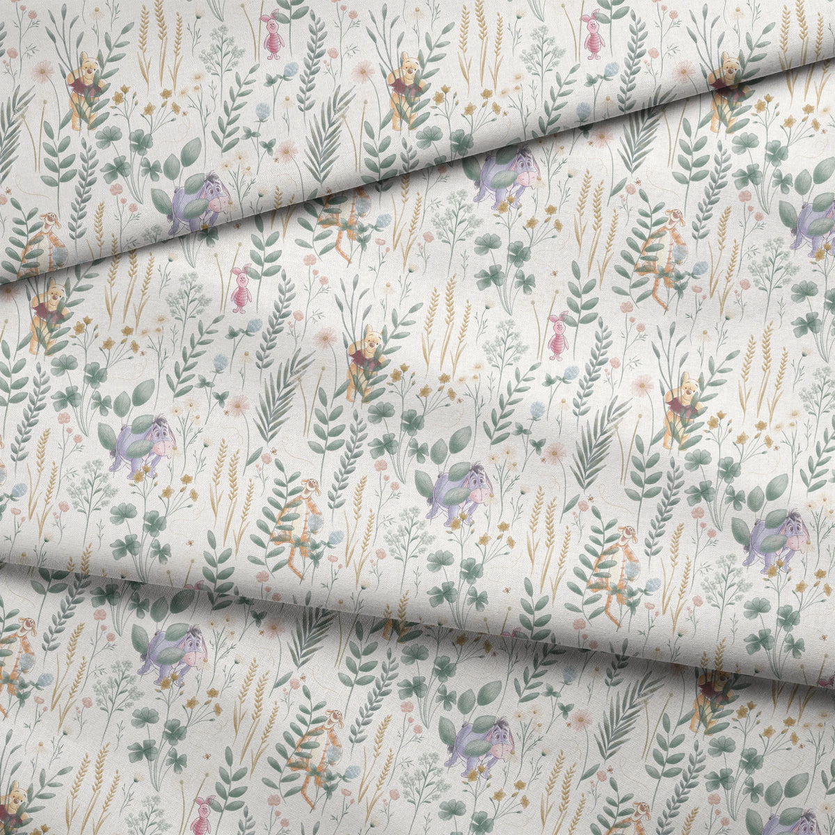 Whimsical botanical pattern with colorful teddy bears and creatures among green plants and flowers fabric fold mockup