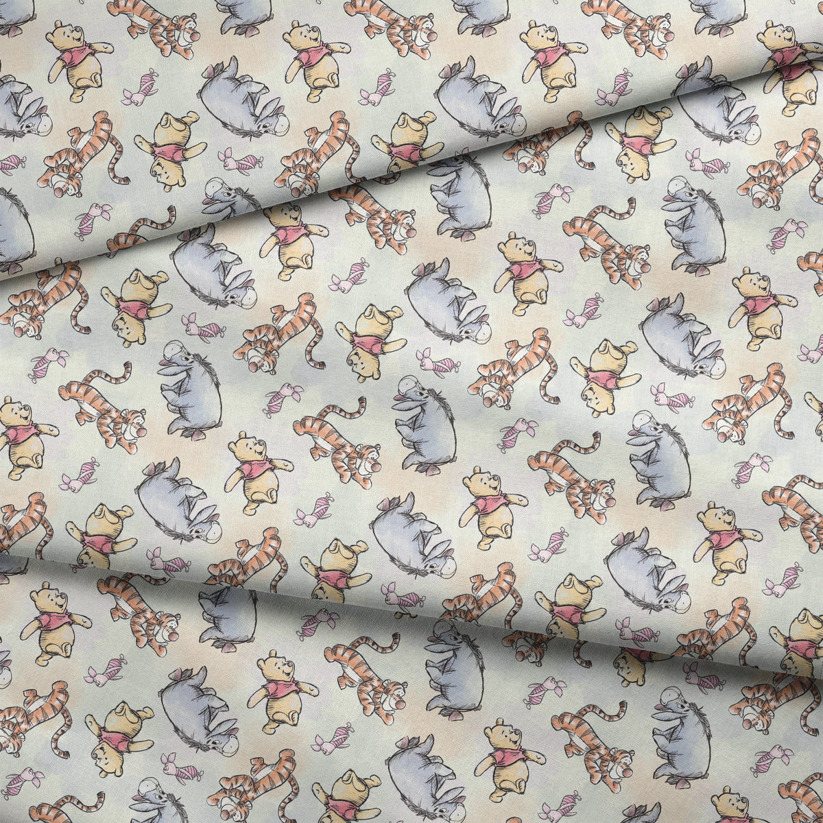 Whimsical pattern featuring cartoon bears in red shirts with bouncing tigers and small pink chara... fabric fold mockup