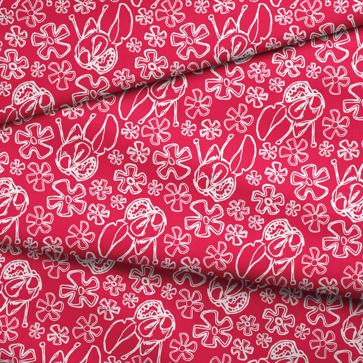White flower doodles and Disney's Stitch on bright red background, hand-drawn style pattern fabric fold mockup