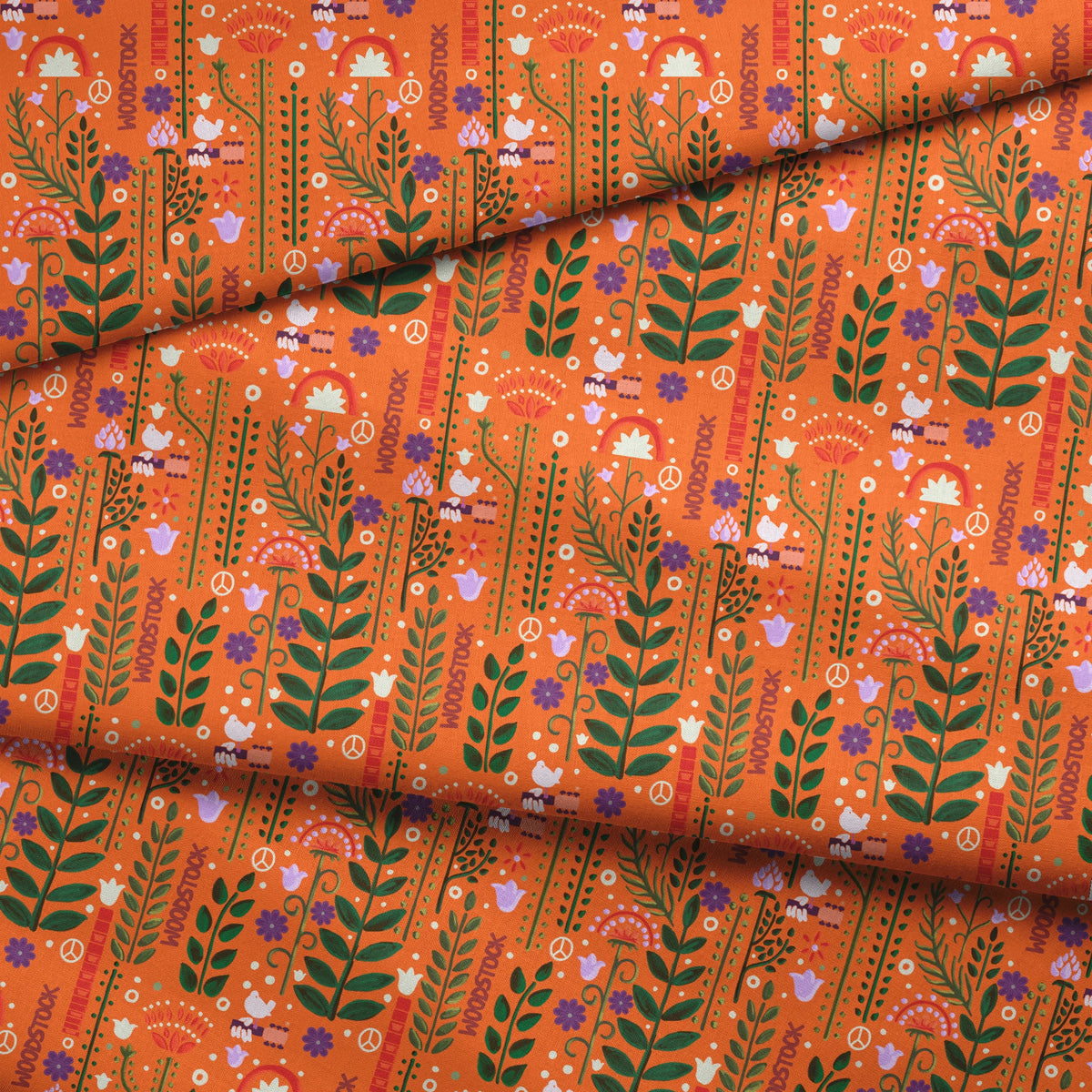 Woodstock Retro Greenery on Orange Fabric