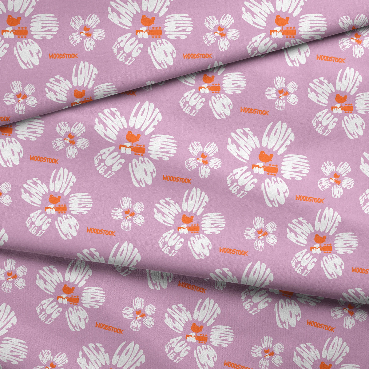 Woodstock Peace, Love, Music Florals on Lavender Fabric
