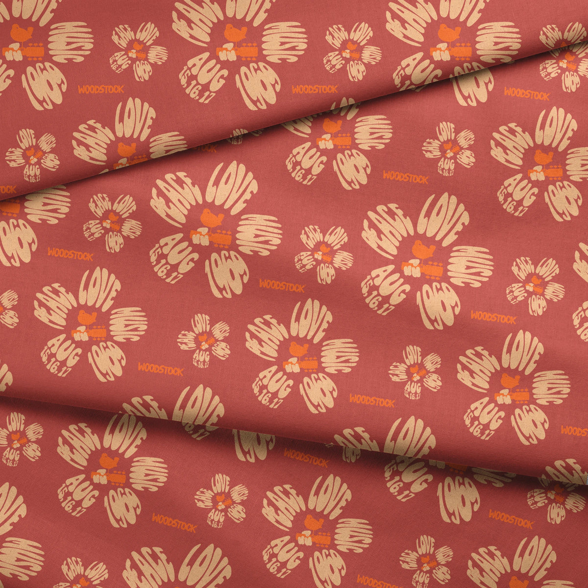 Woodstock Peace, Love, Music Florals on Rust Fabric