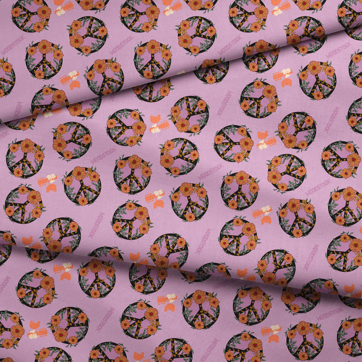 Woodstock Floral Peace Signs on Lavender Fabric