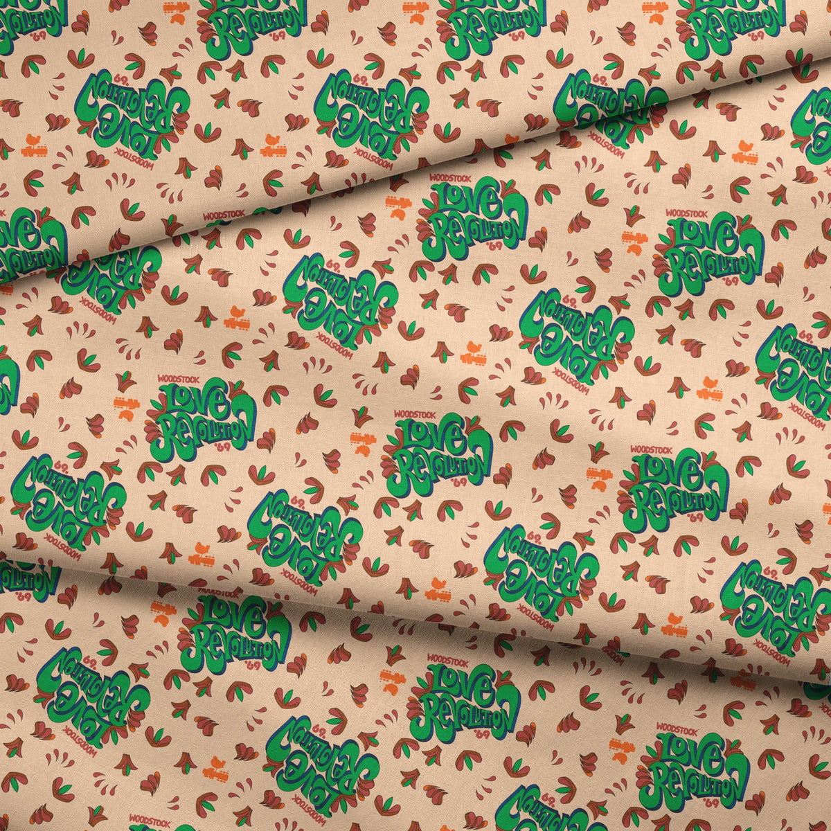 Woodstock Love Revolution on Tan Fabric