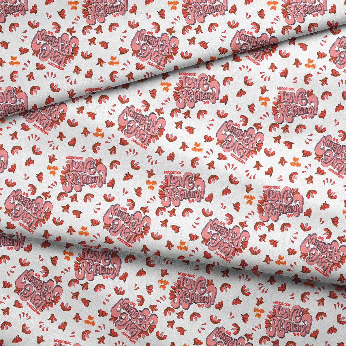 Woodstock Love Revolution on White Fabric