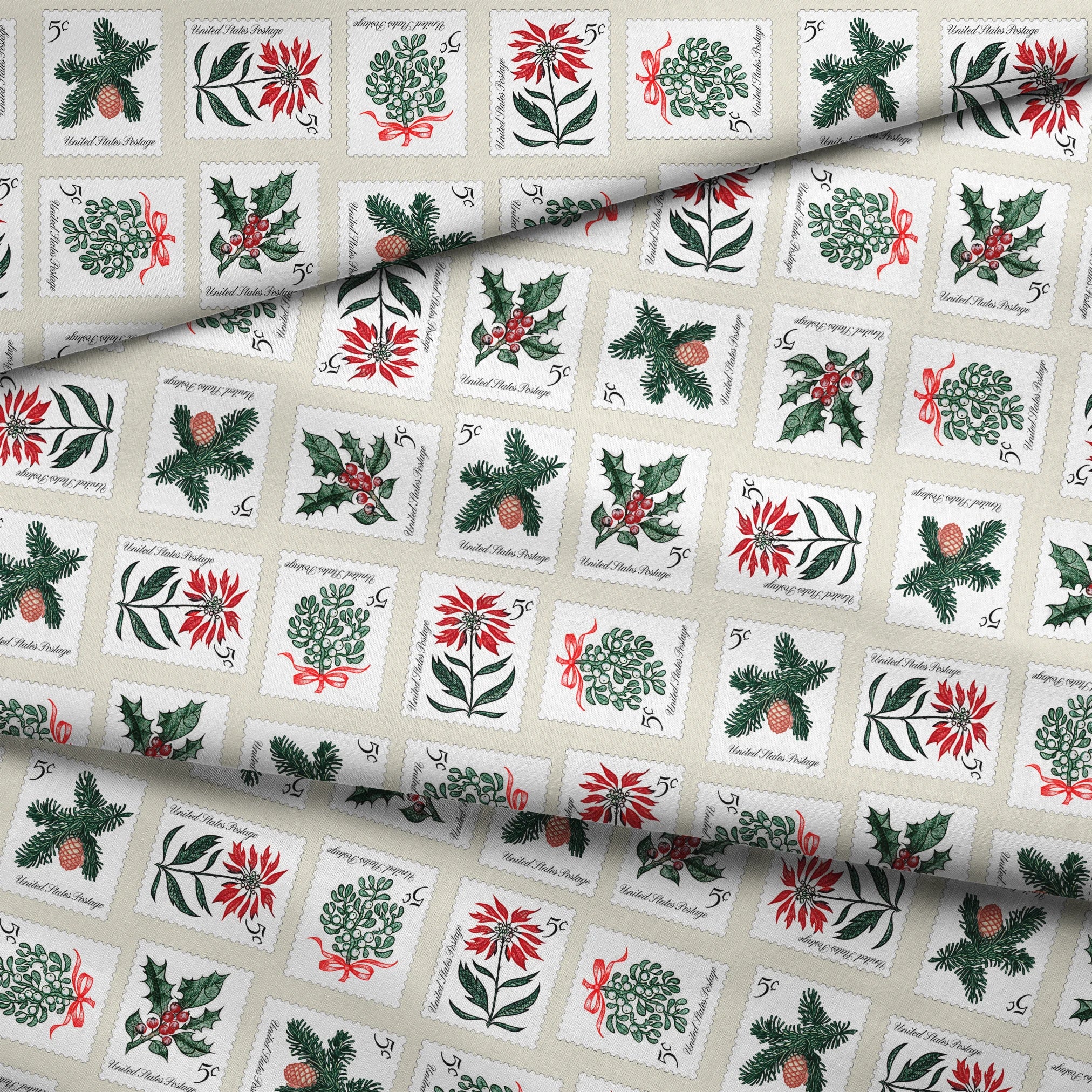 USPS Holiday Botanicals Stamp Collage on Cream Fabric
