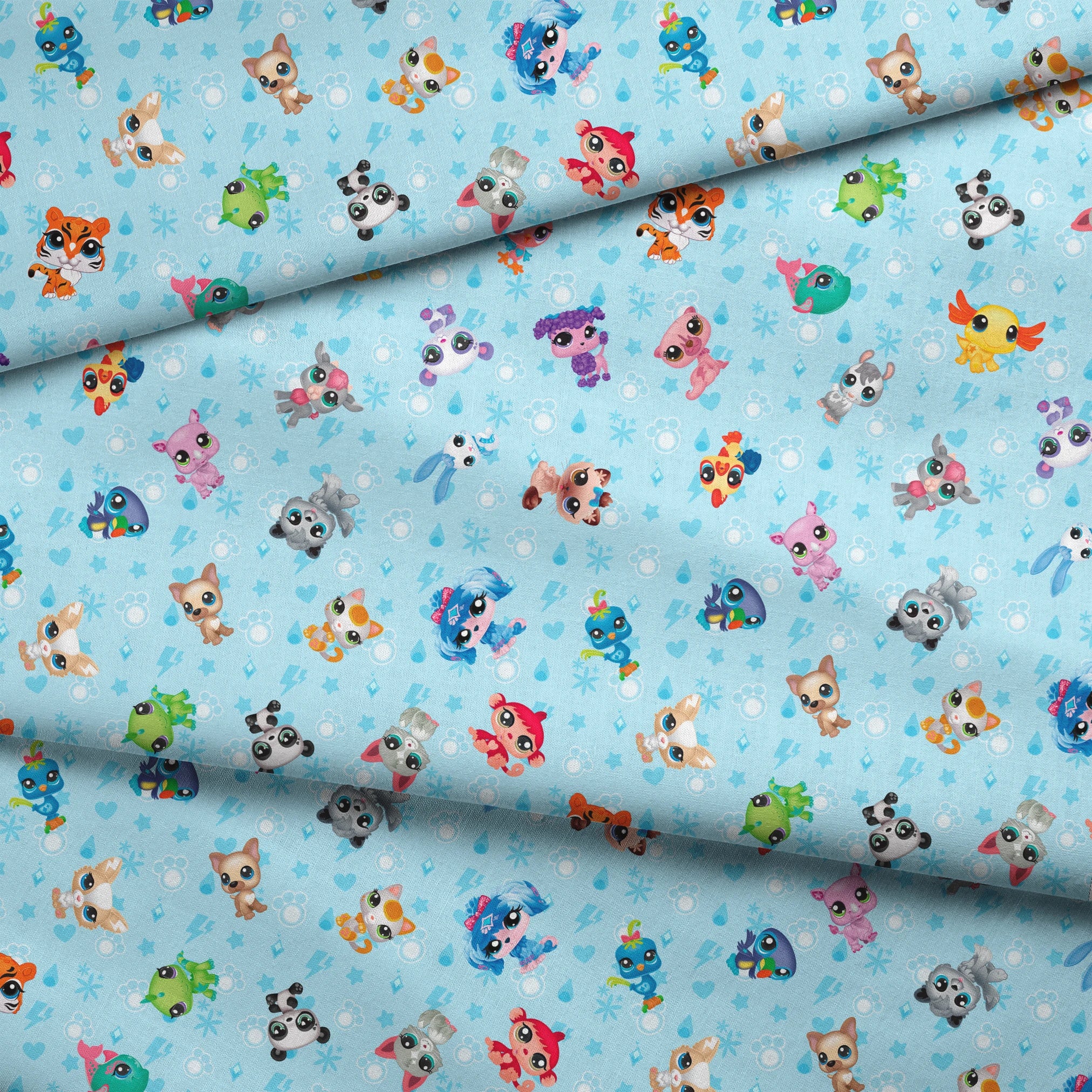 Hasbro Littliest Pet Shop Character Collage on Blue Fabric