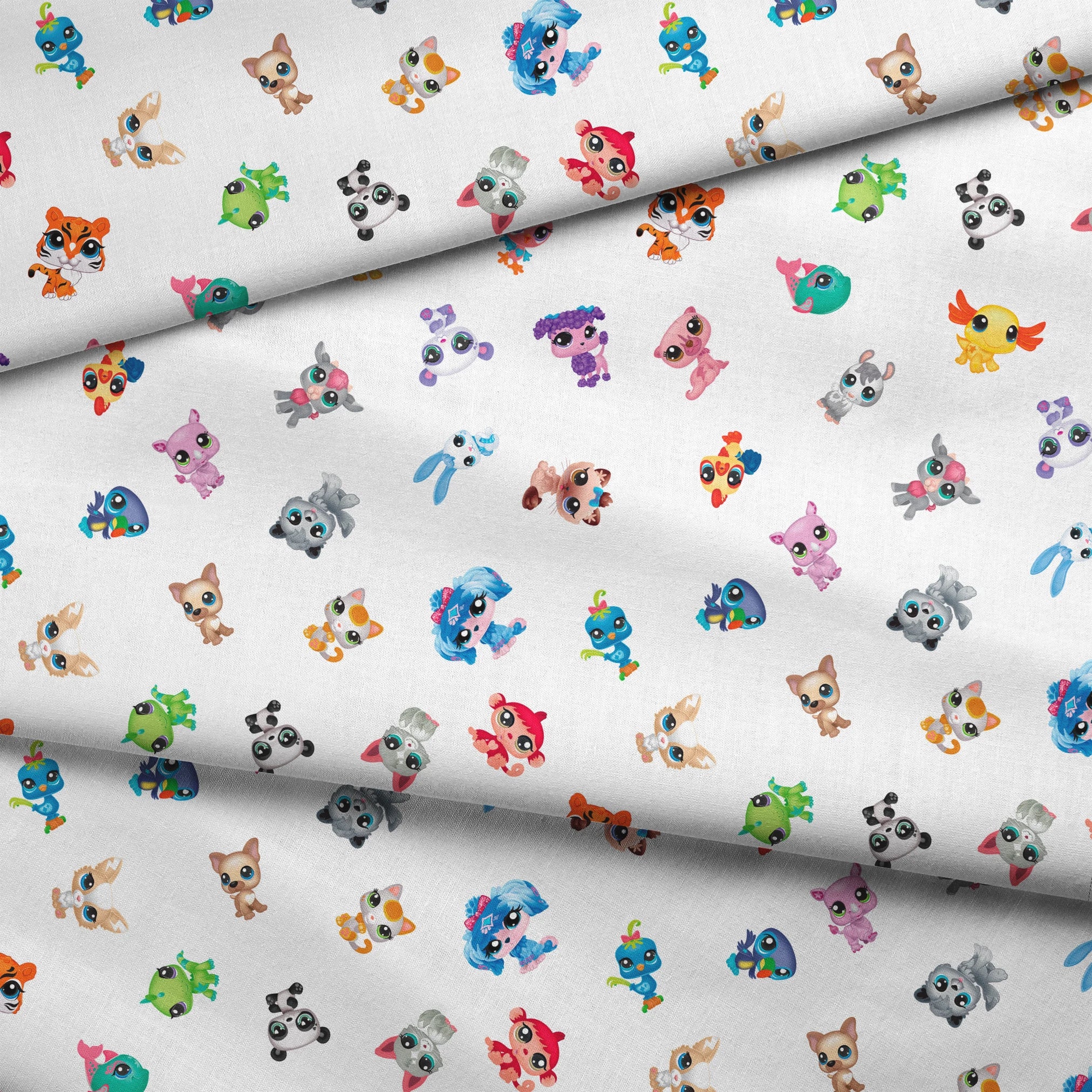 Hasbro Littliest Pet Shop Character Collage on White Fabric