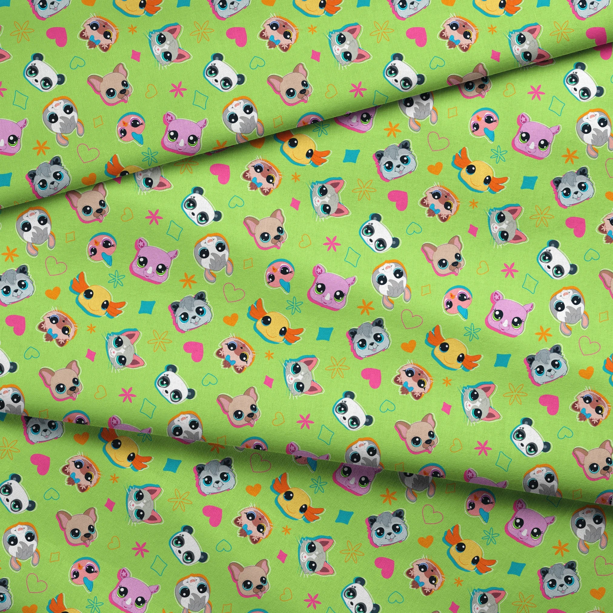 Hasbro Littliest Pet Shop Shapes and Faces on Green Fabric