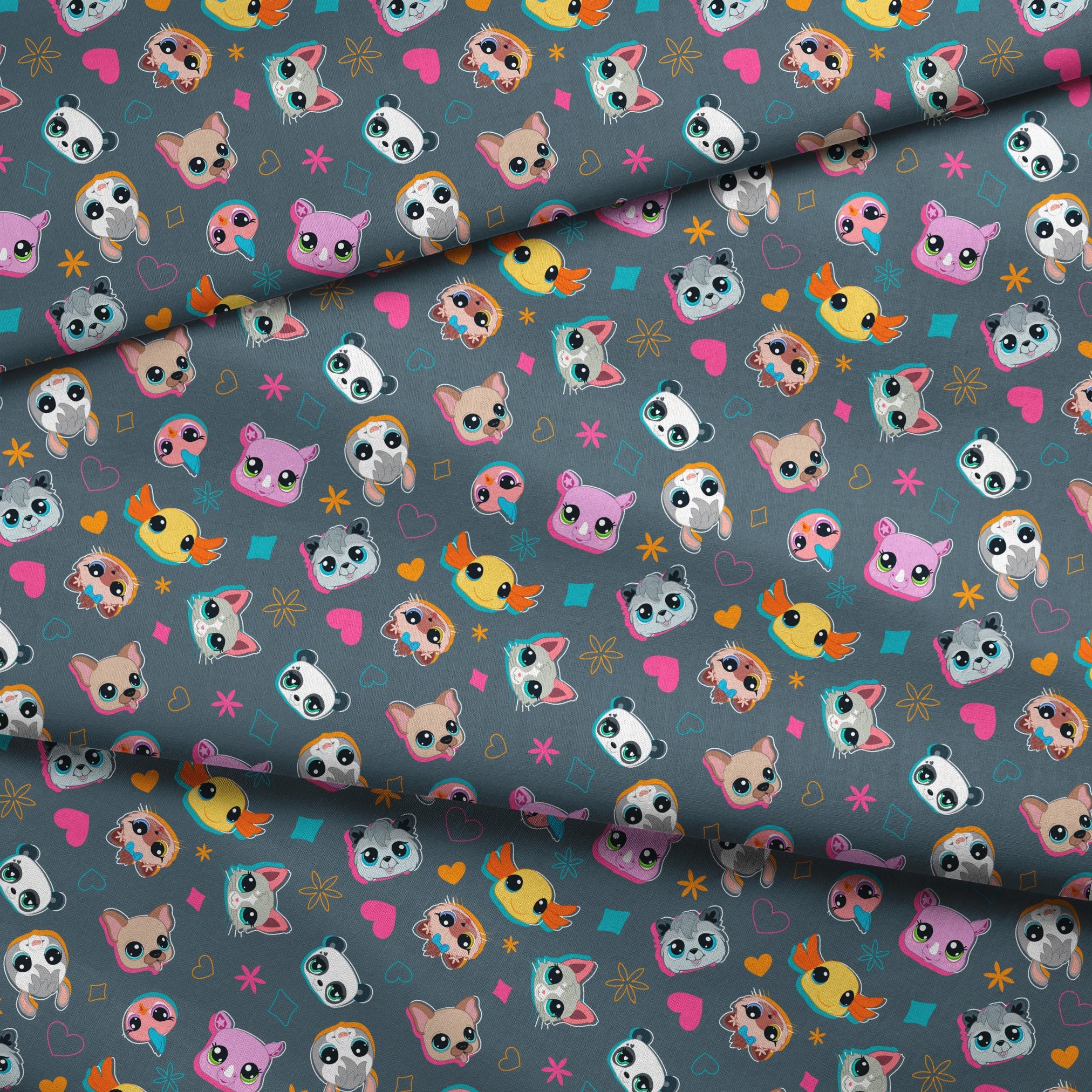 Hasbro Littliest Pet Shop Shapes and Faces on Grey Fabric