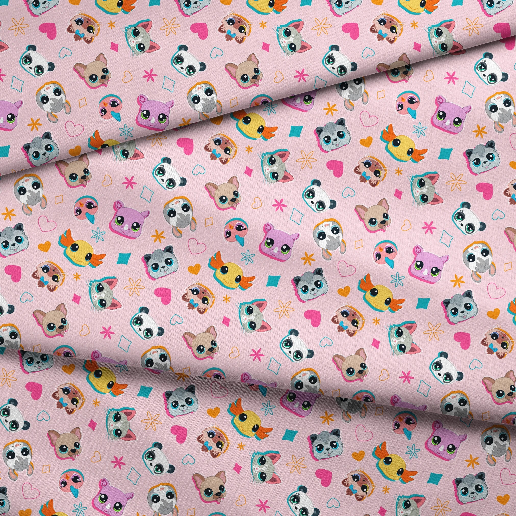 Hasbro Littliest Pet Shop Shapes and Faces on Petal Pink Fabric