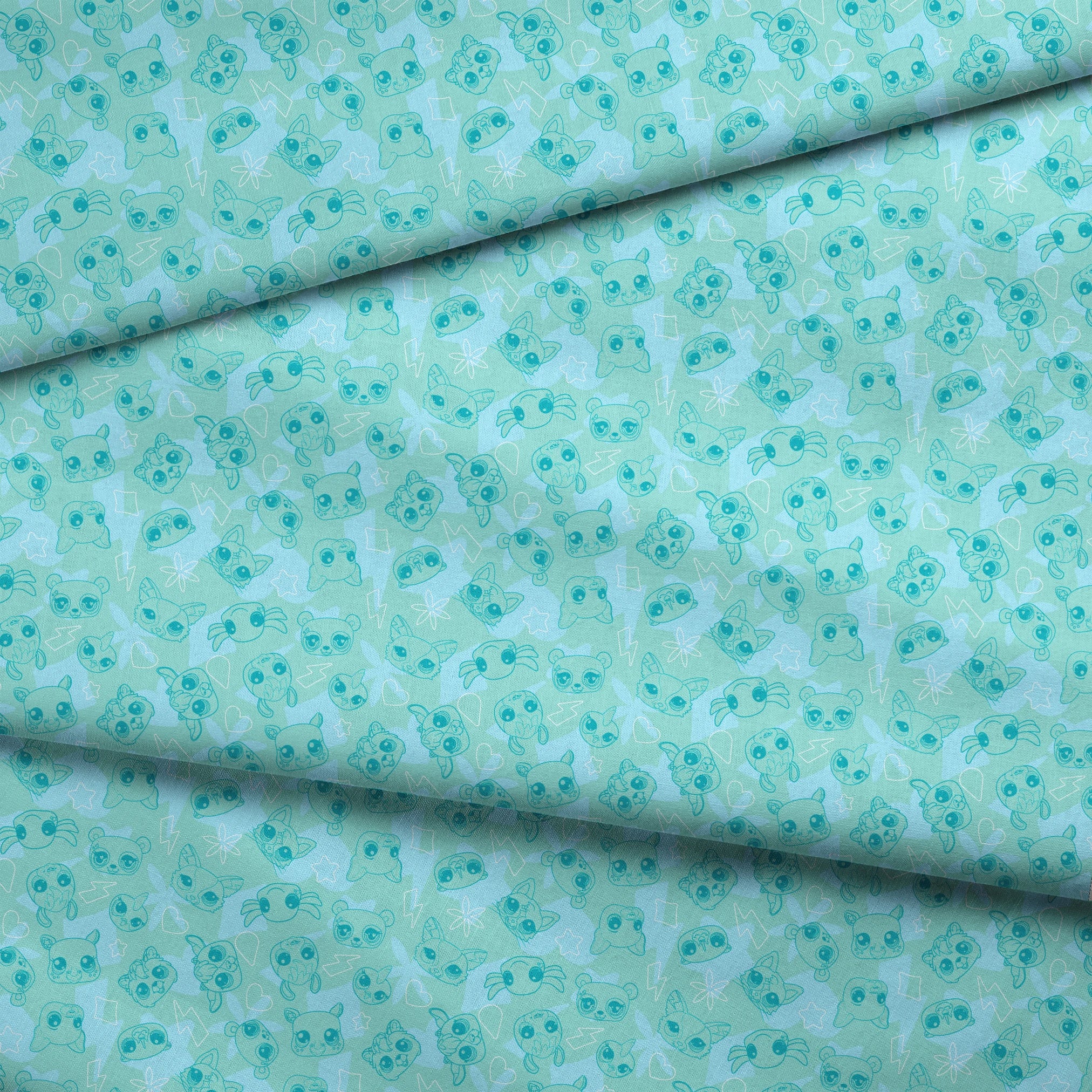 Hasbro Littliest Pet Shop Pet Outlines on Teal Fabric
