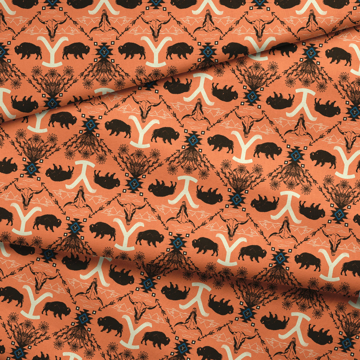 Paramount Yellowstone Bison Argyle on Orange Fabric