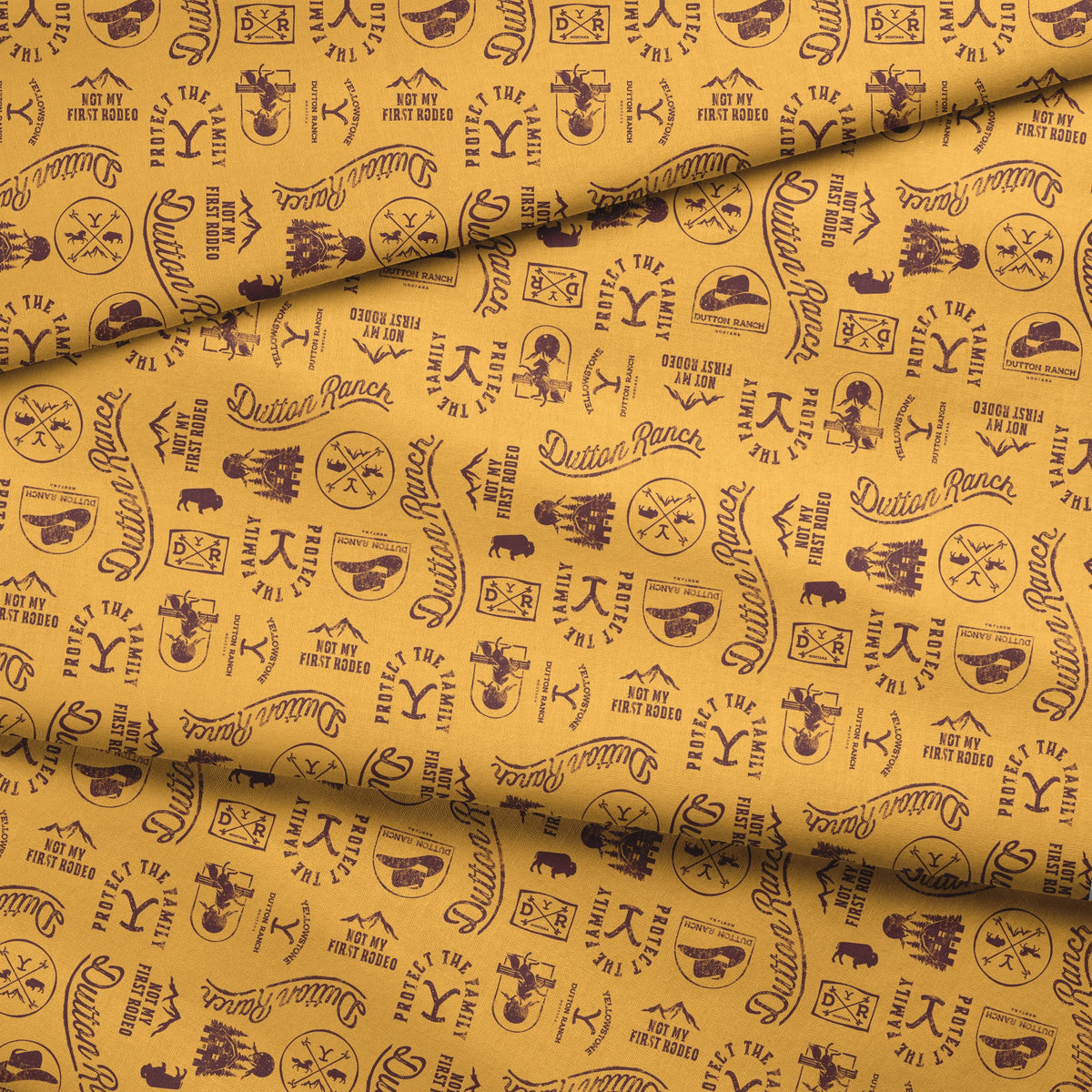Paramount Yellowstone Dutton Ranch Icons on Yellow Fabric