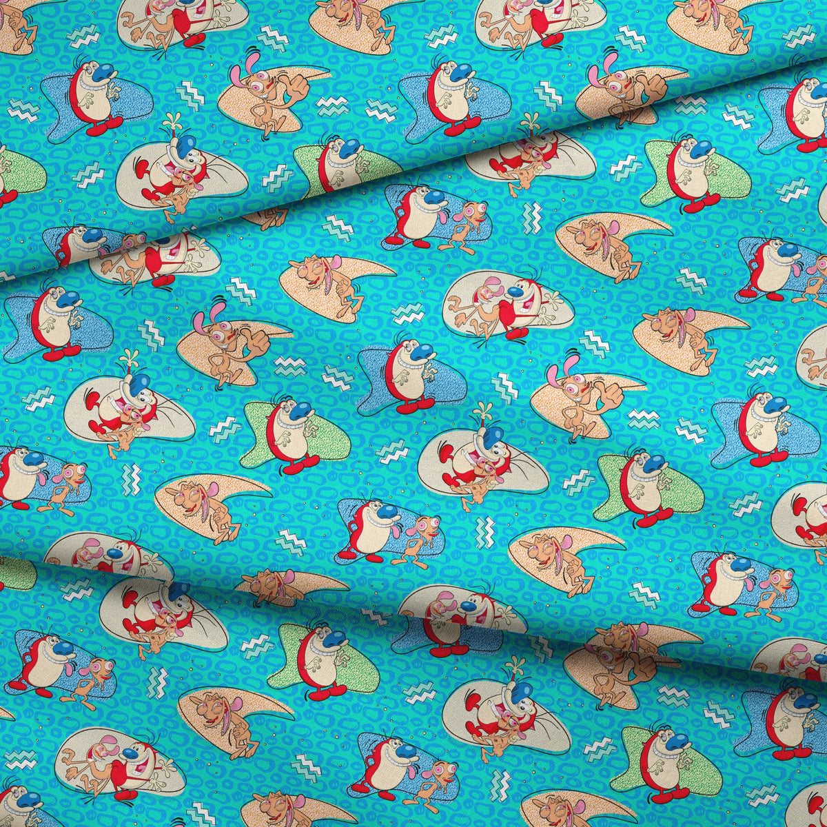 Ren & Stimpy Retro Graphics on Aqua Fabric