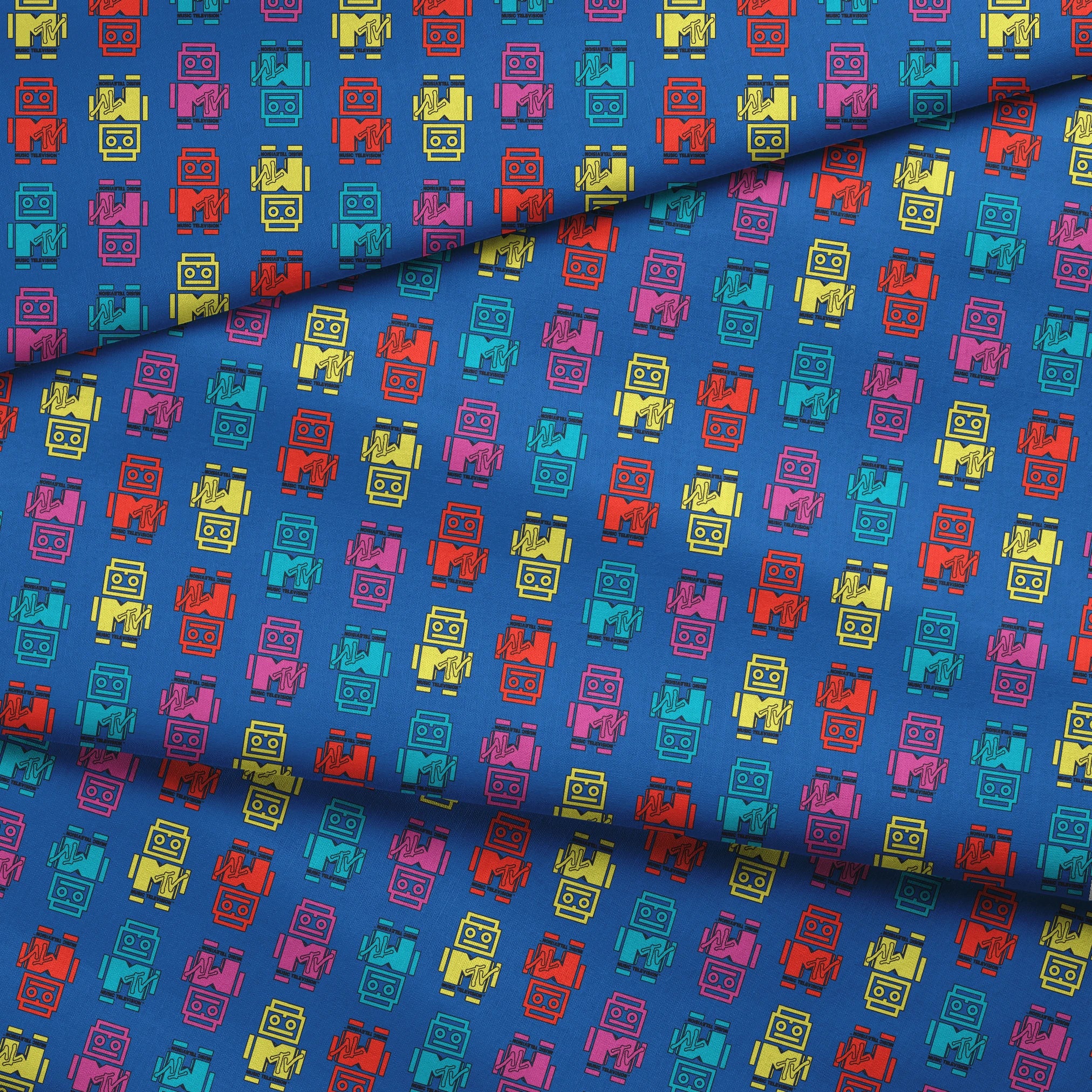 Paramount MTV Logo Robots on Blue Fabric