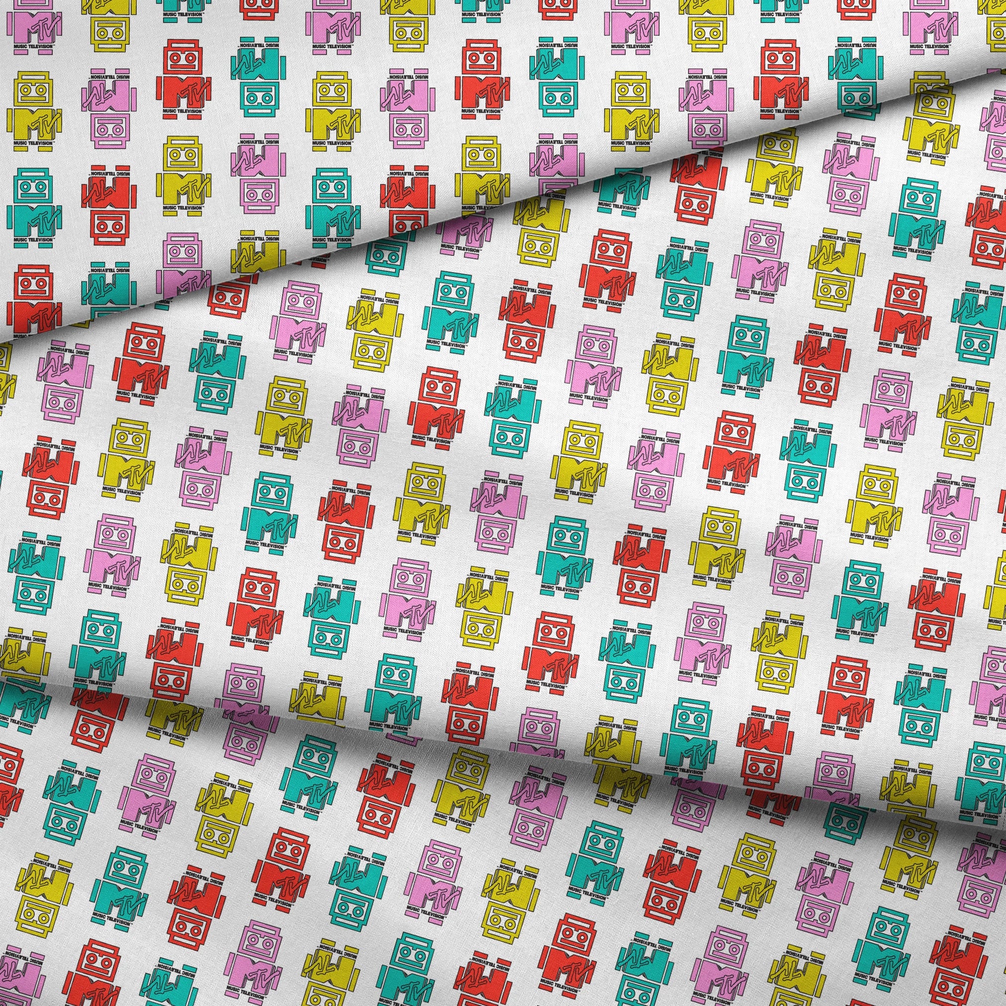 Paramount MTV Logo Robots on White Fabric