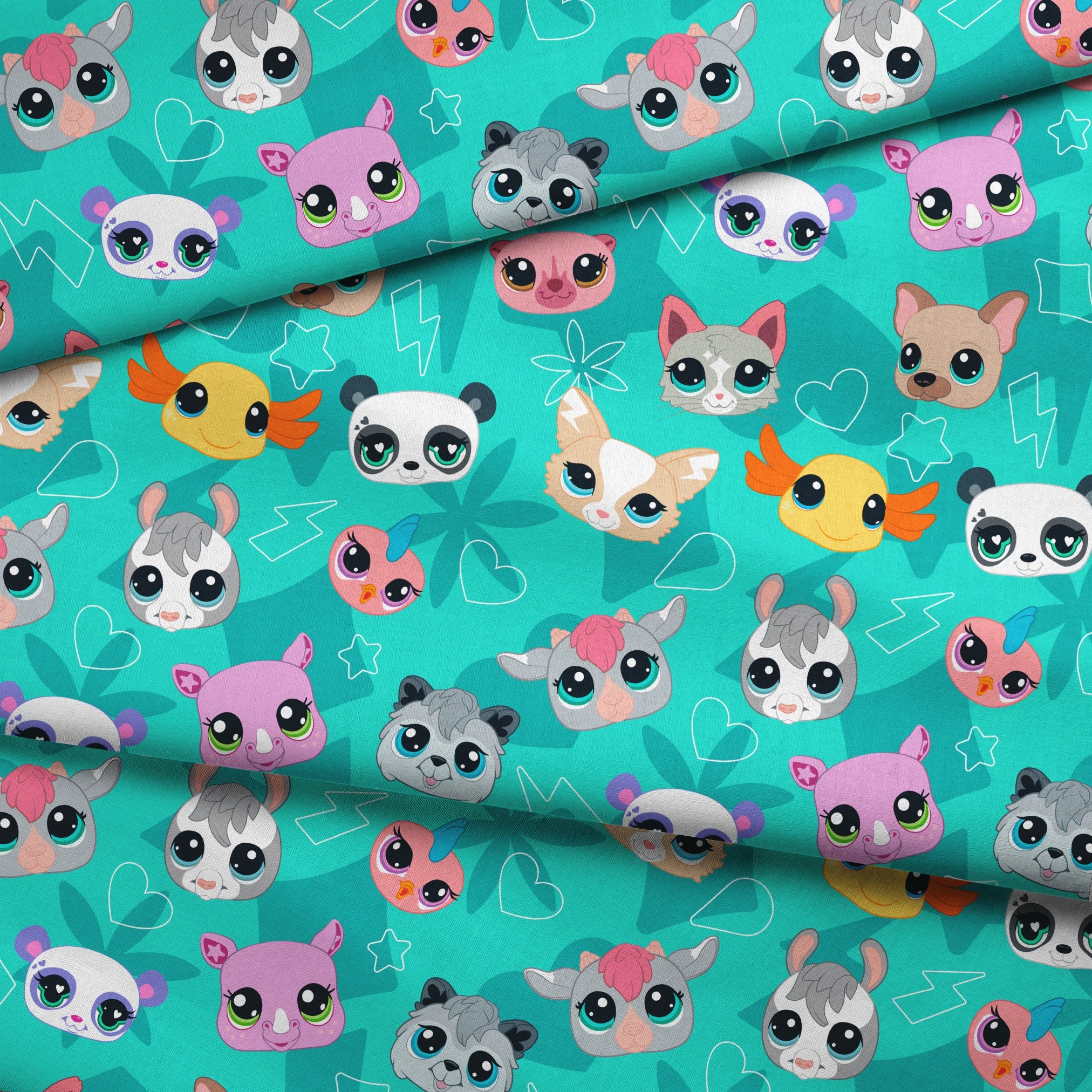 Hasbro Littliest Pet Shop Cute Faces Toss on Teal Fabric