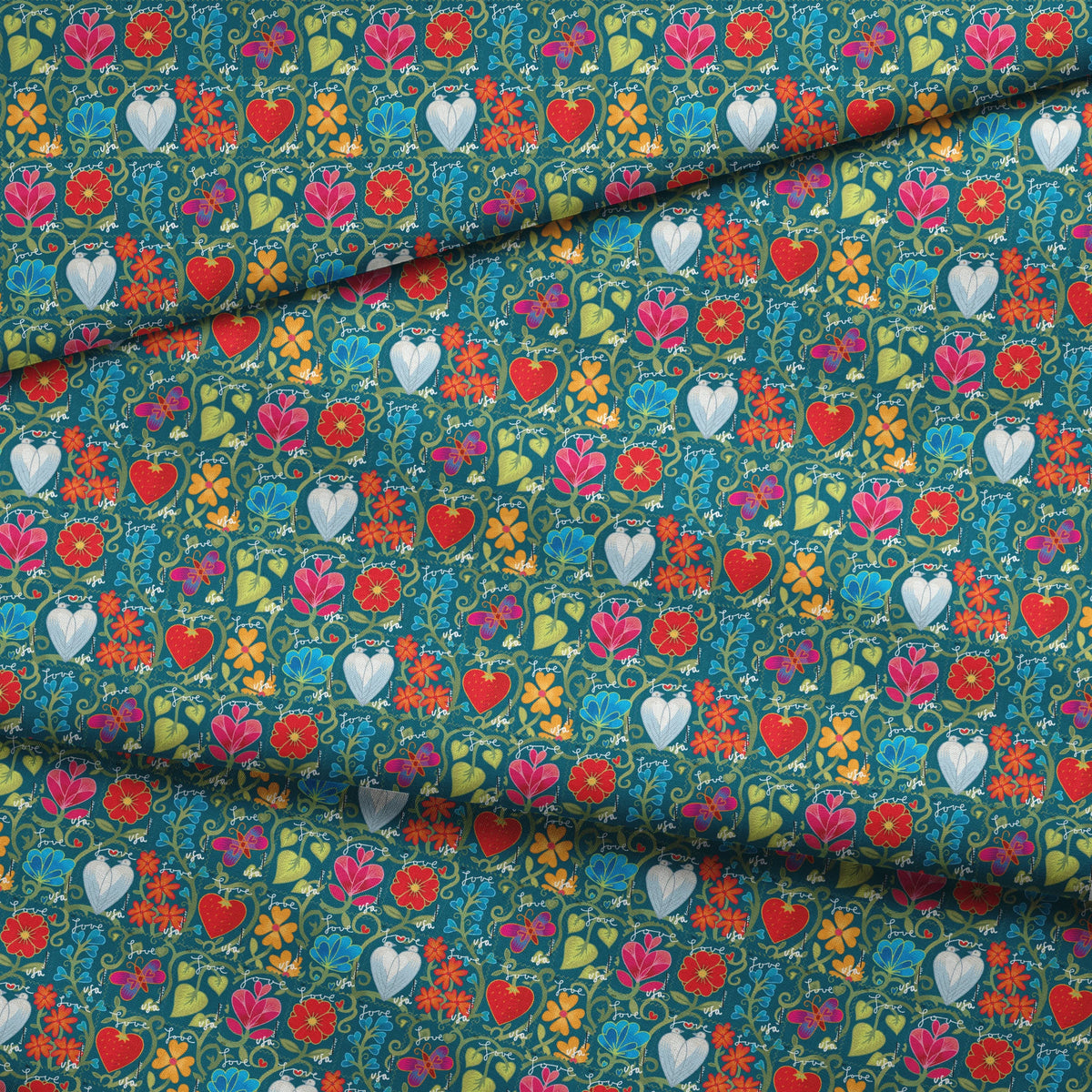 USPS Love Floral Stamps on Teal Fabric