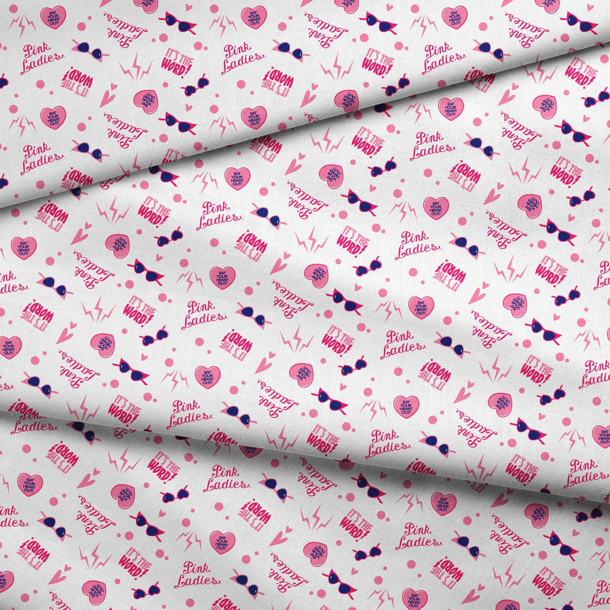 Paramount Grease Retro Pink Ladies Icons on White Fabric