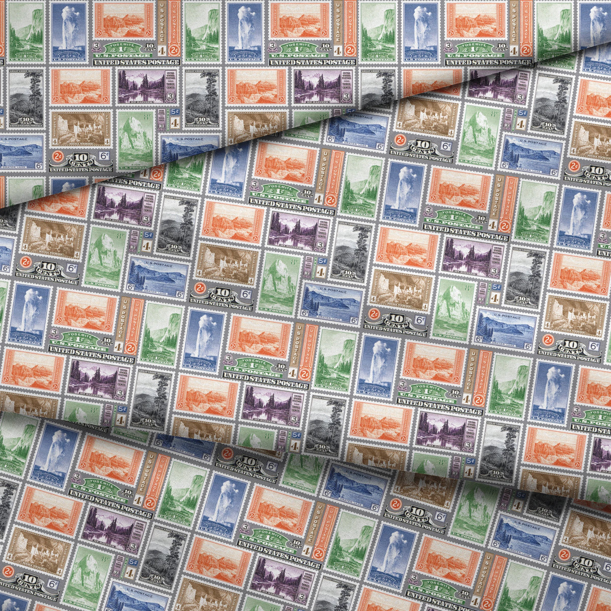 USPS National Park Stamps on Gray Fabric