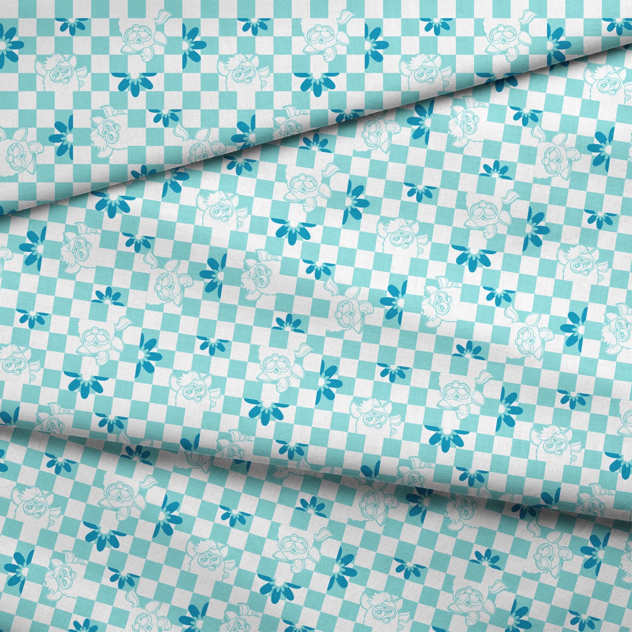 Hasbro Furby Checkered Flowers on Blue Fabric