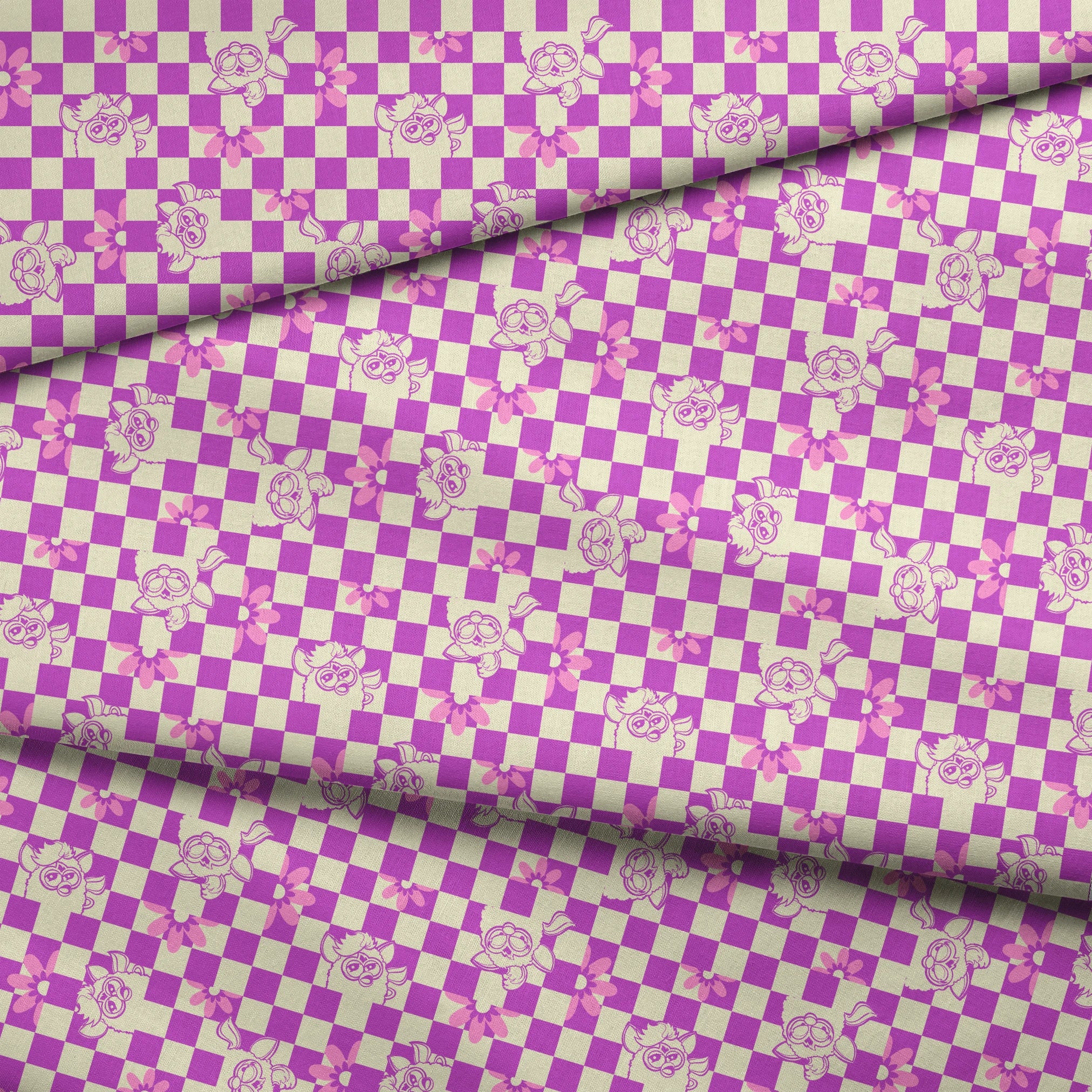 Hasbro Furby Checkered Flowers on Purple Fabric