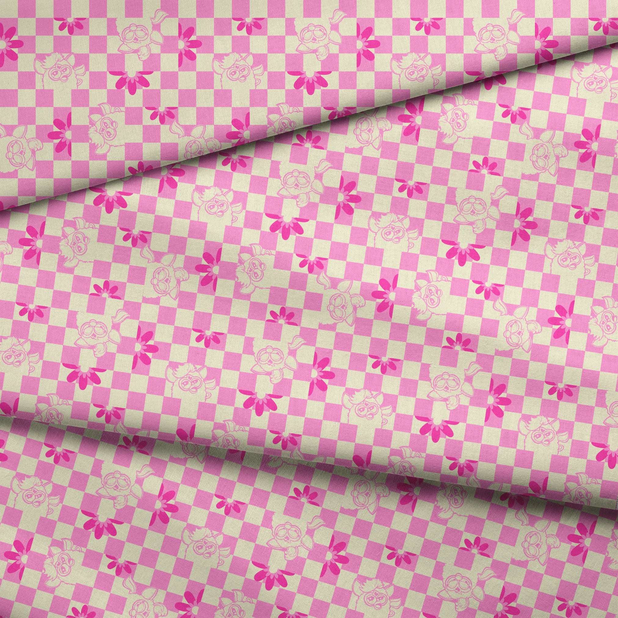 Hasbro Furby Checkered Flowers on Pink Fabric