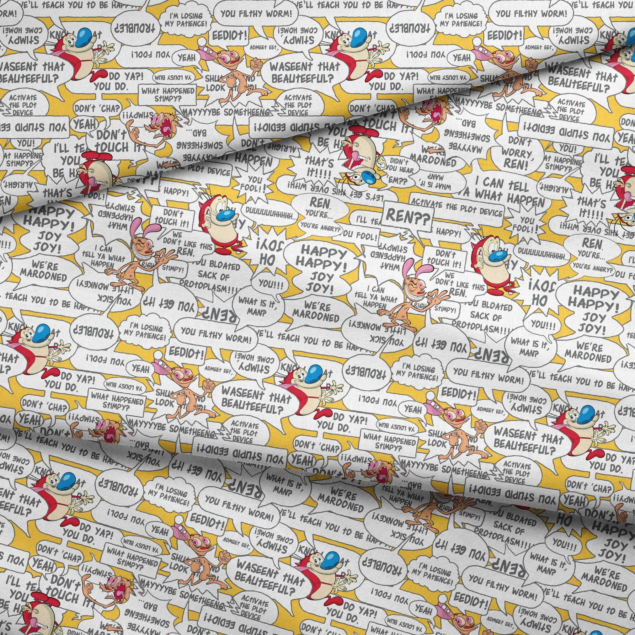 Ren & Stimpy Word Blurbs on Yellow Fabric
