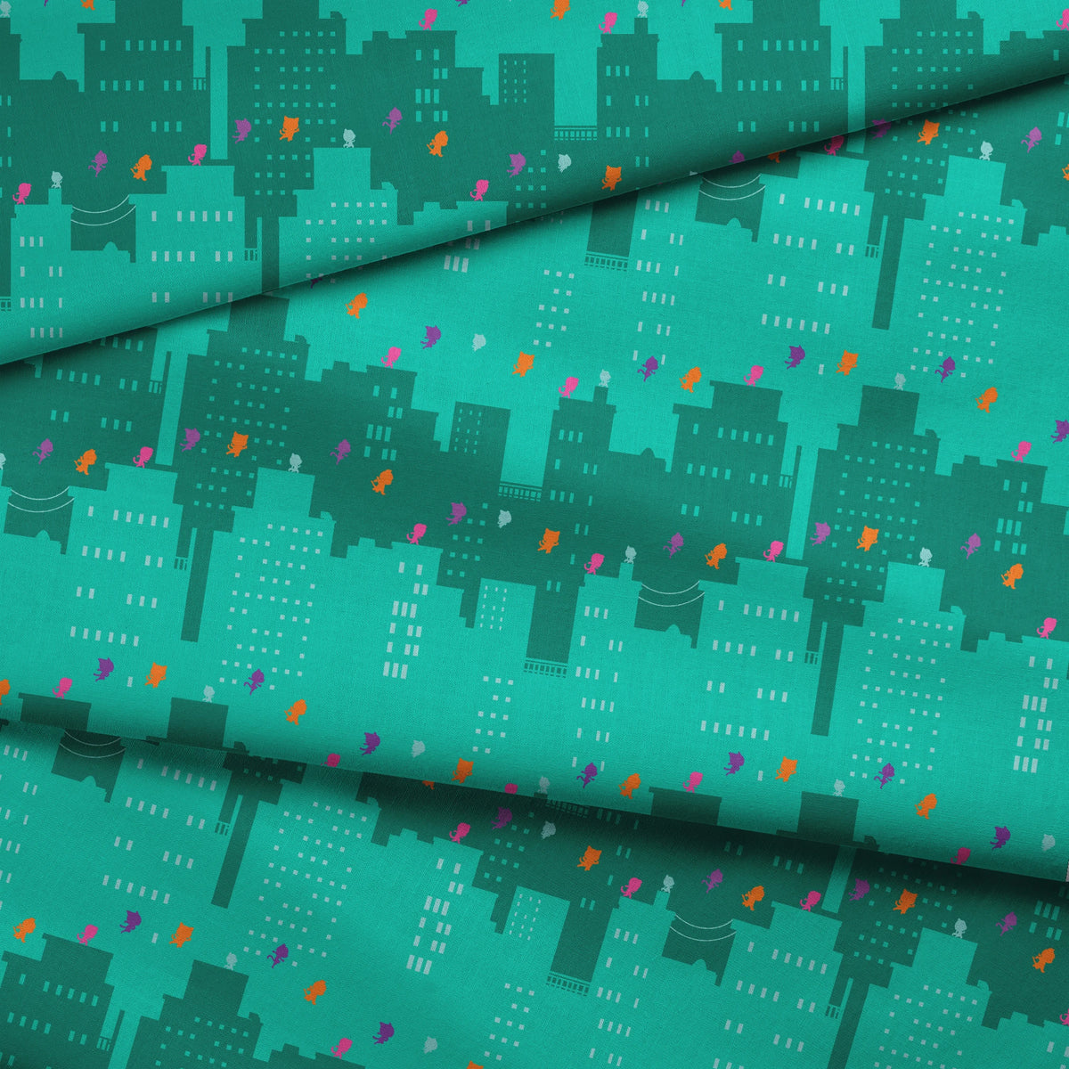 Disney Jr's. SuperKitties Super Skyline on Teal Fabric