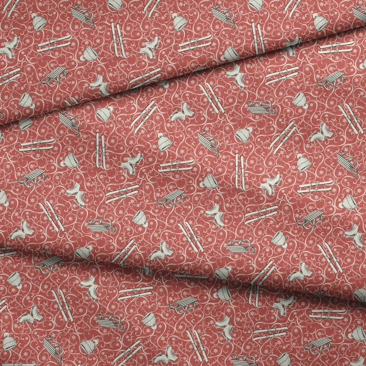 Saturday Evening Post Vintage Winter Fun on Red Fabric
