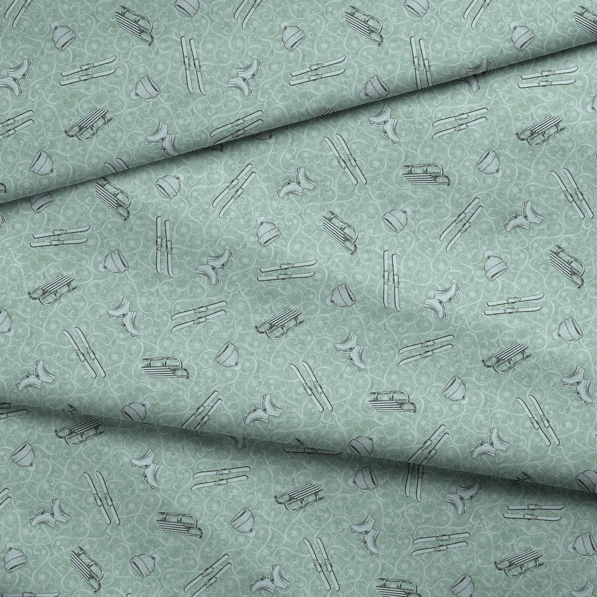 Saturday Evening Post Vintage Winter Fun on Light Green Fabric
