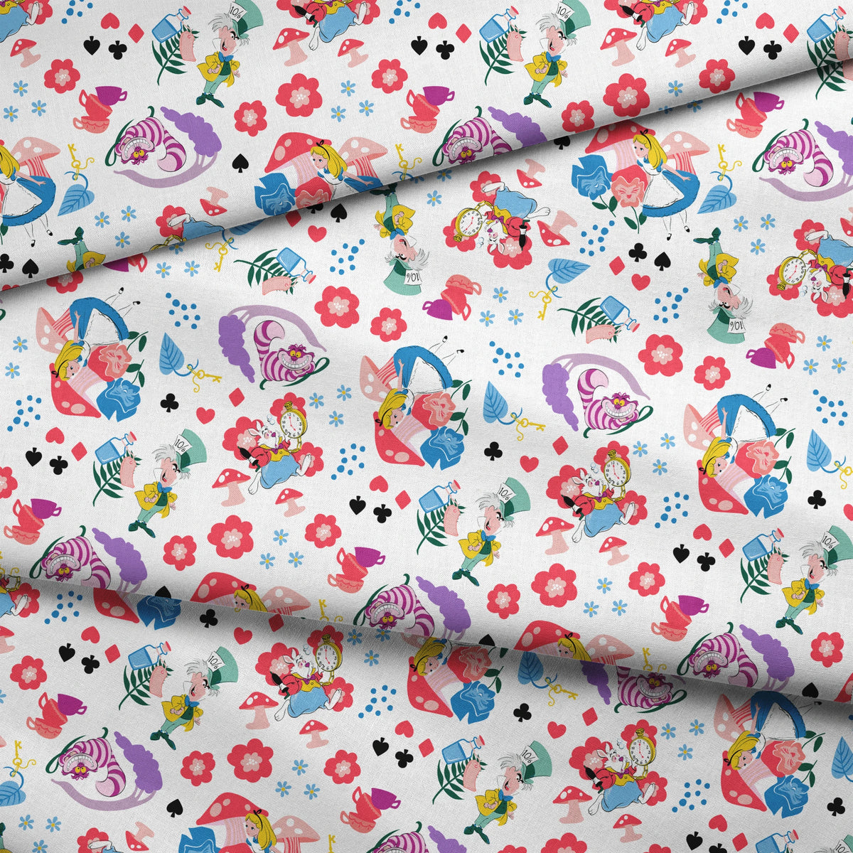 Disney Alice in Wonderland Wandering in Wonderland on White Fabric