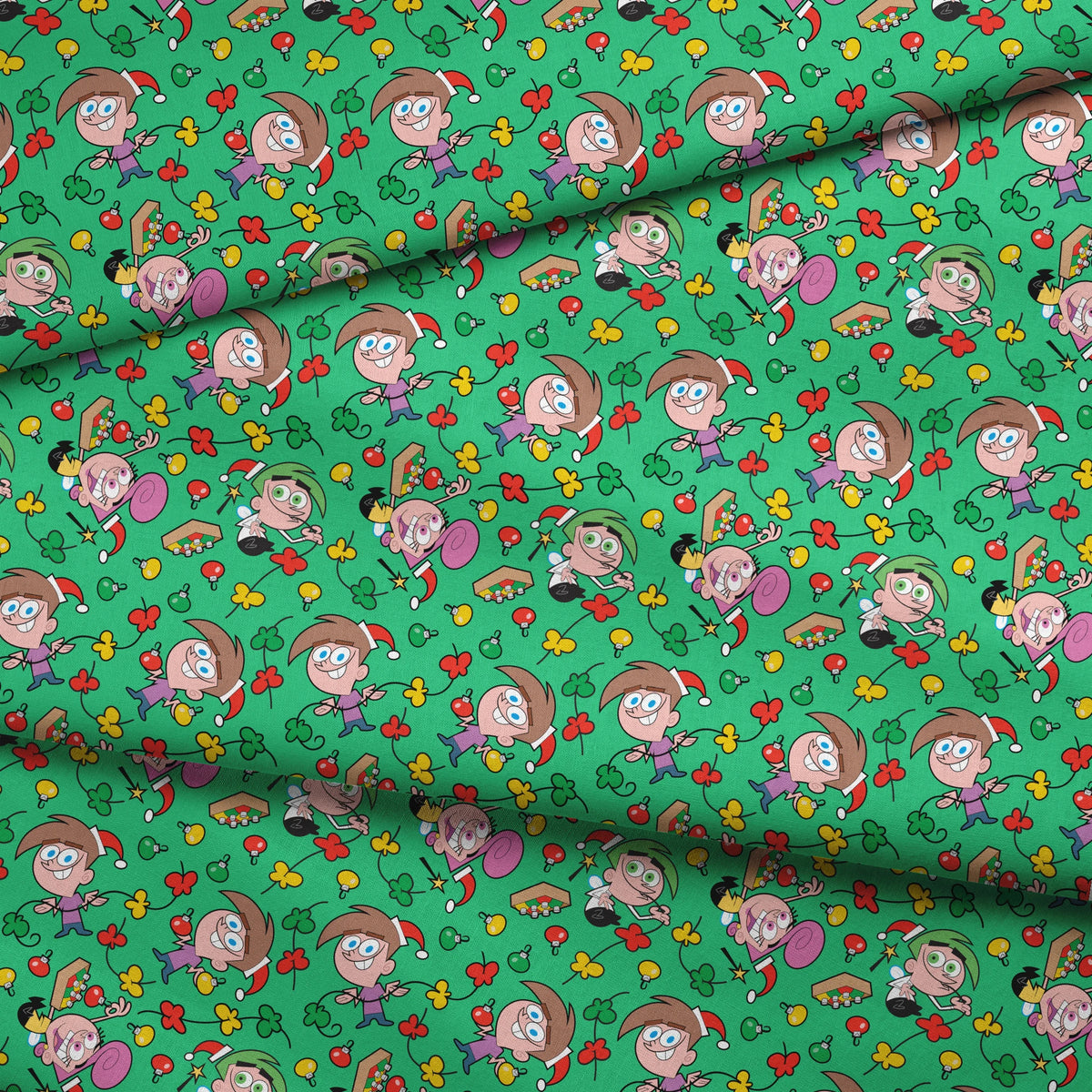 Paramount Fairly OddParents Tree Trimmings on Green Fabric
