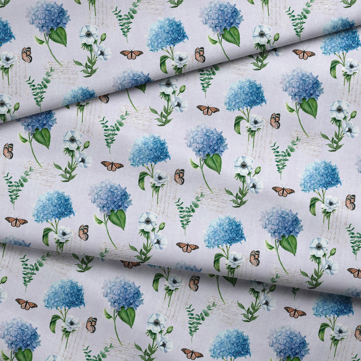 Danielle Murray Hydrangeas and Hummingbirds on Purple Fabric