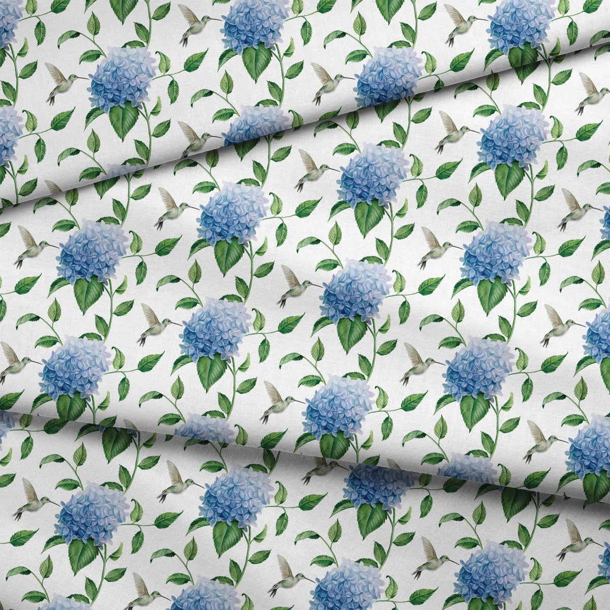 Danielle Murray Hydrangeas and Hummingbirds on White Fabric